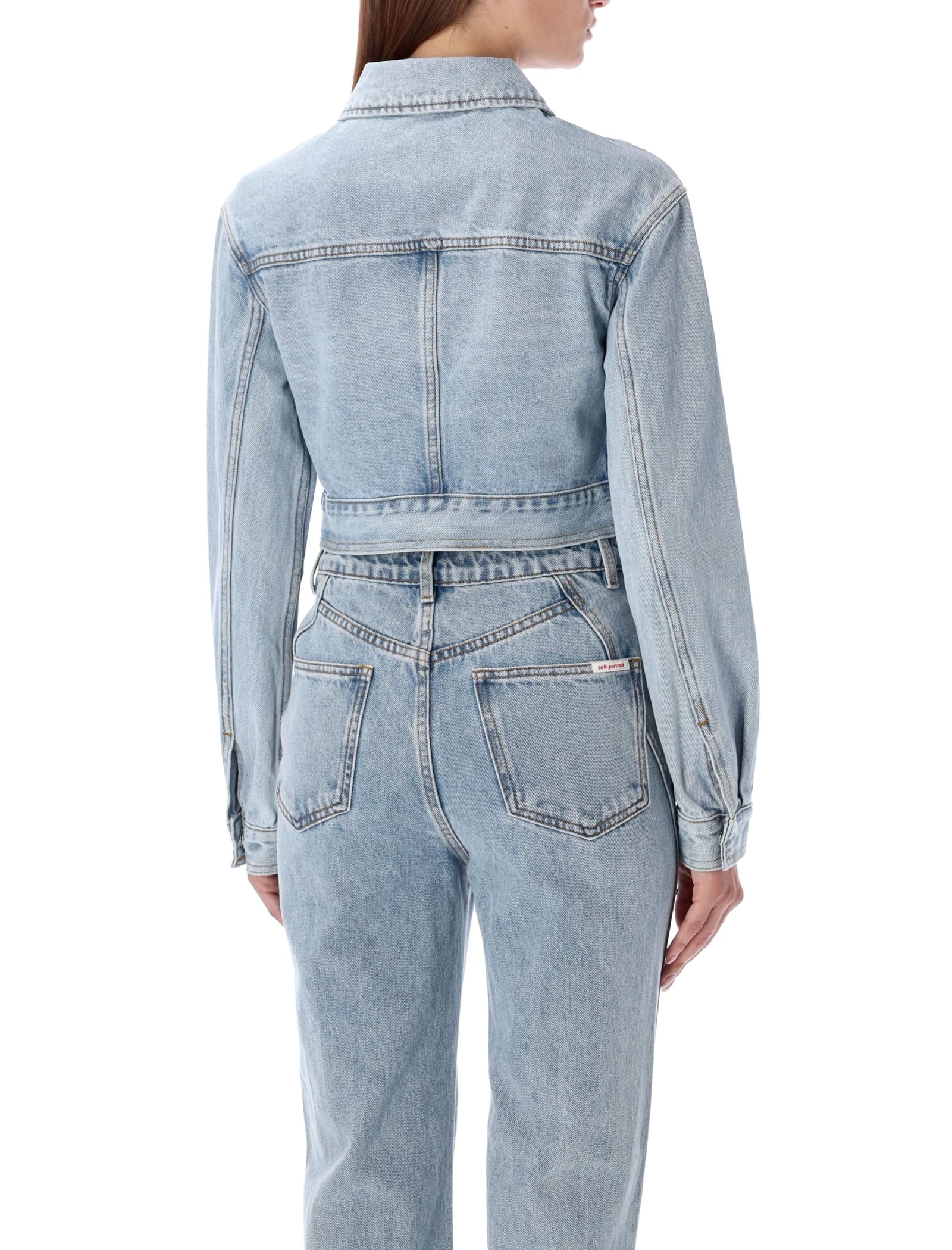 Shop Self-portrait Denim Cropped Jacket Crystal In Light Blue