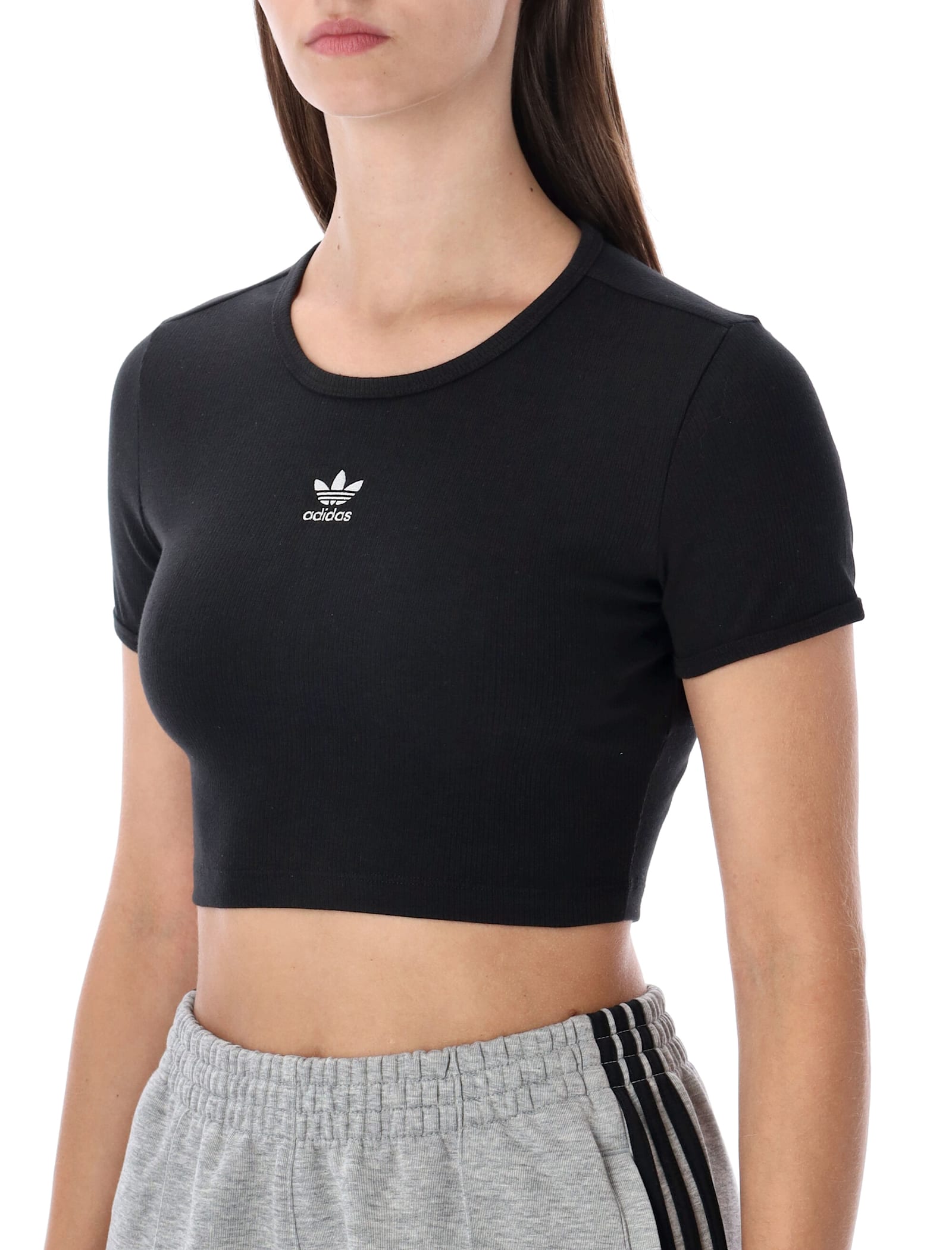 Adidas Originals Black Essentials Ribbed Cropped T-shirt In Black