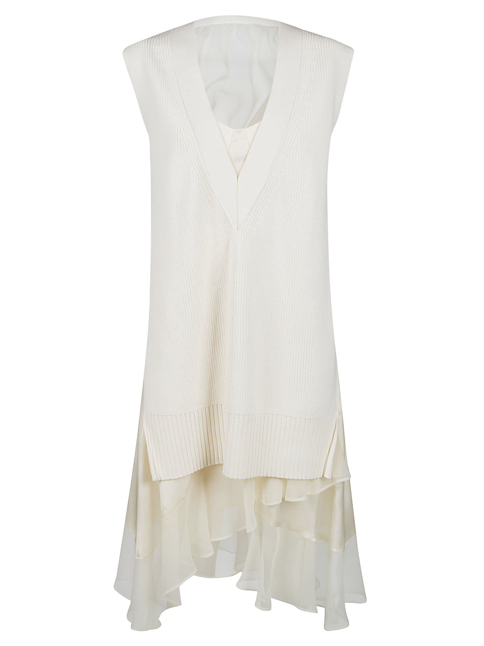 Sacai V-neck Sleeveless Asymmetric Lace Paneled Dress