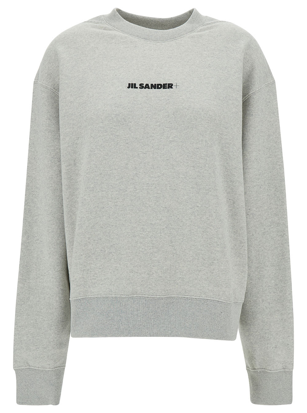 Shop Jil Sander Grey Crewneck Sweatshirt With Logo Lettering Print In Stretch Cotton Woman