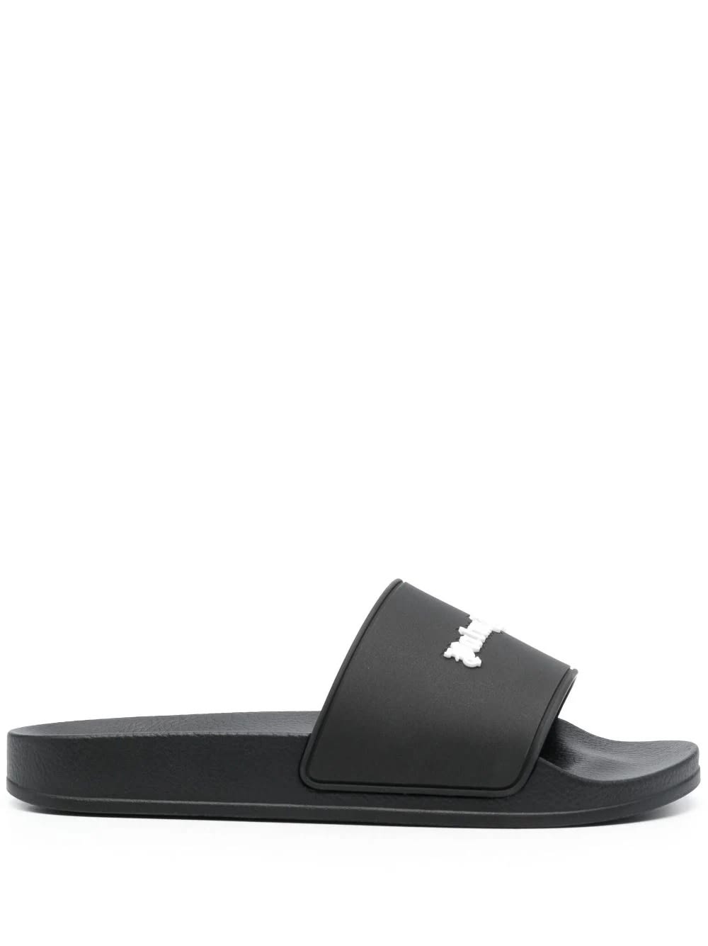 Shop Palm Angels Black Slippers With White Logo