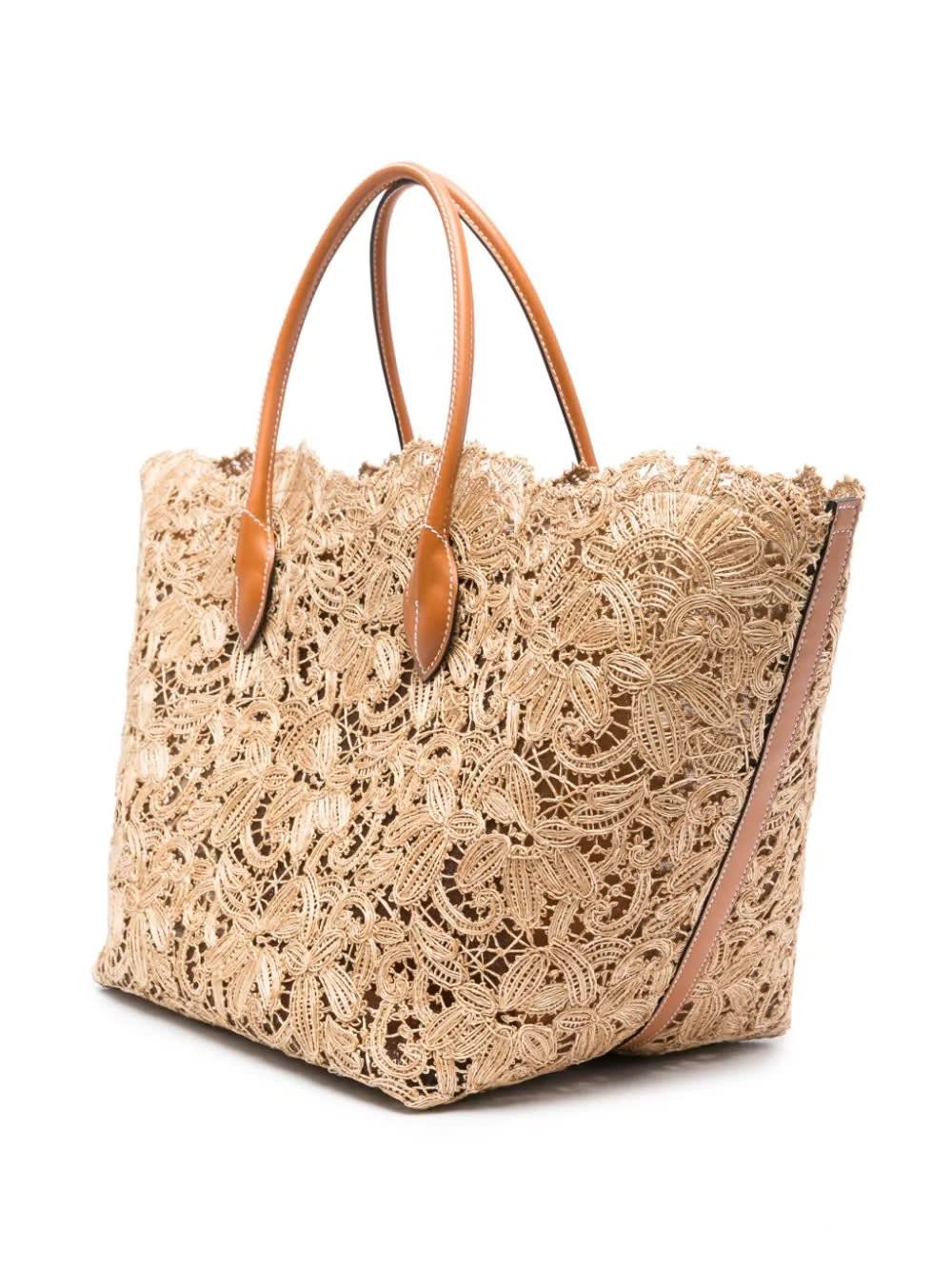 Shop Ermanno Scervino Natural Raffia Lace Shopping Bag In Brown