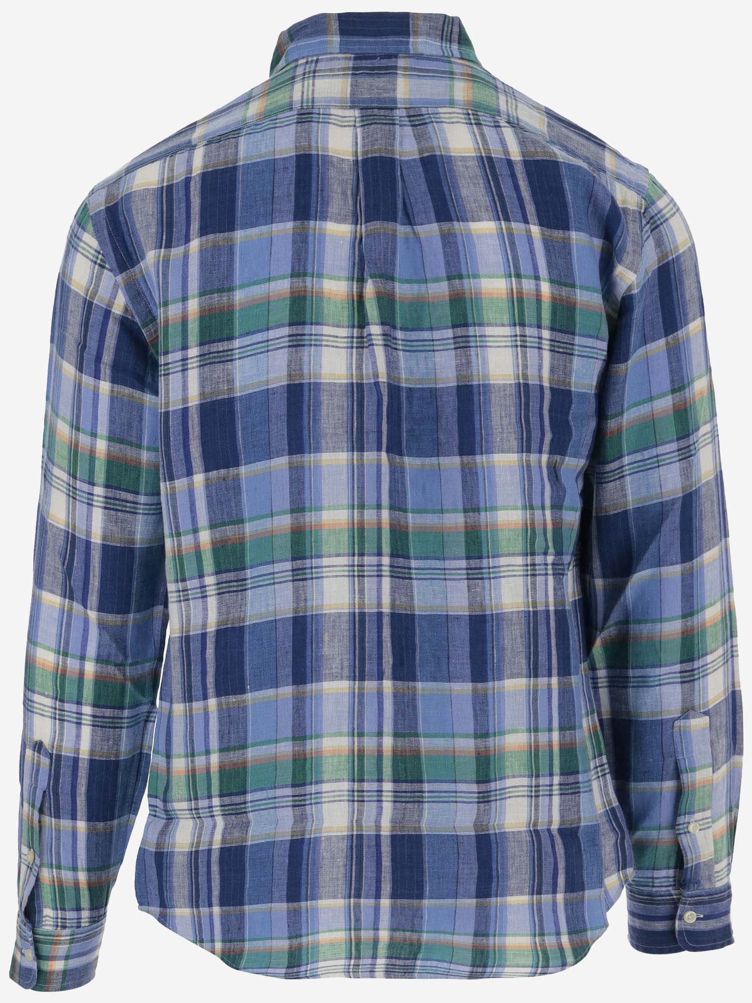 Shop Ralph Lauren Linen Shirt With Check Pattern In Blue Green Multi