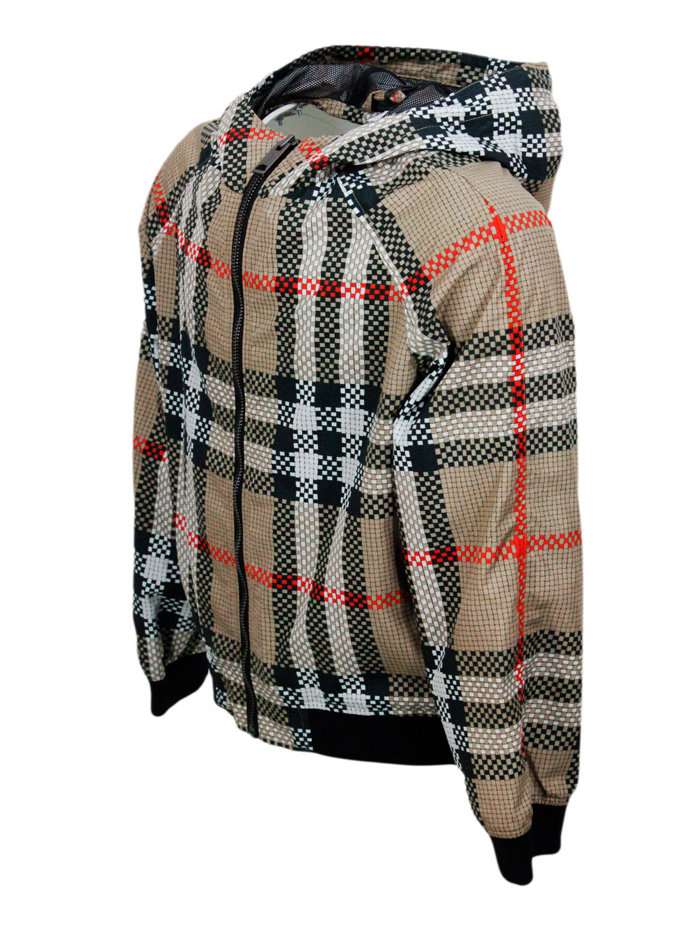 Shop Burberry Lightweight Windproof Jacket In Technical Fabric With Hood And Zip Closure In  New Check In Check Beige