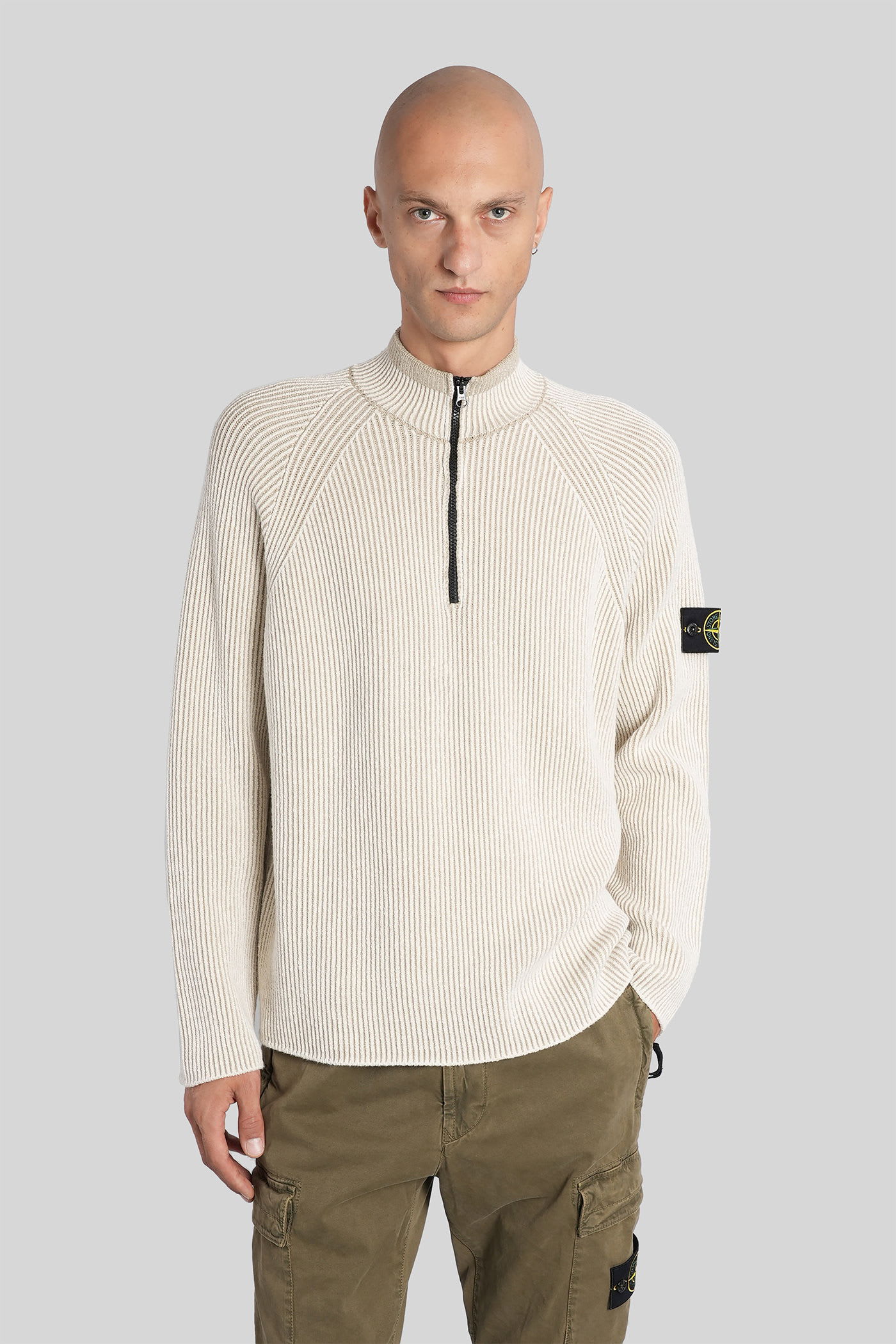 Stone Island White Sweater With Logo Patch On The Sleeve And Front Half Zip Closure In Wool Stretch Man In Neutral