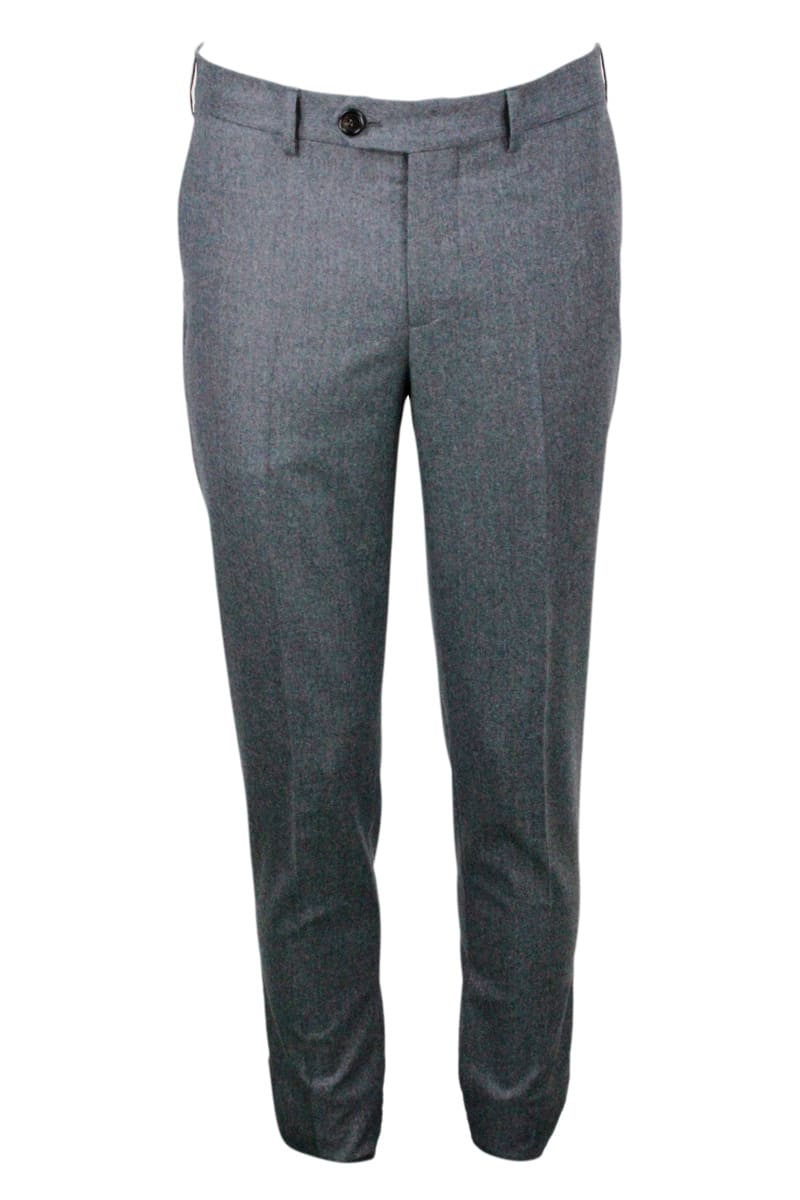 Brunello Cucinelli Italian Fit Trousers In Fine Wool Flannel With Zip And Button Closure