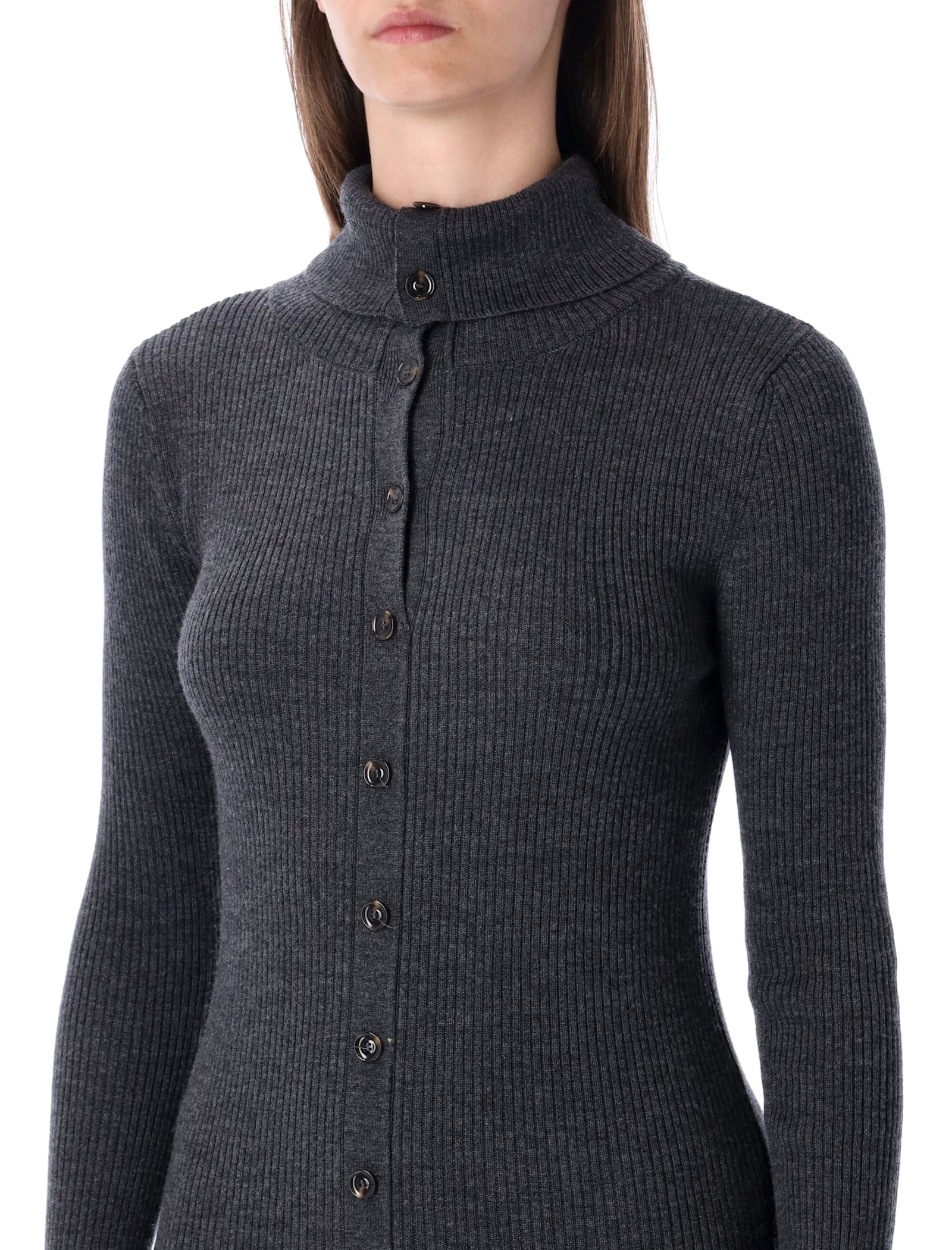 Sessun Charcoal Ribbed Knit Midi Dress With Buttons In Gray