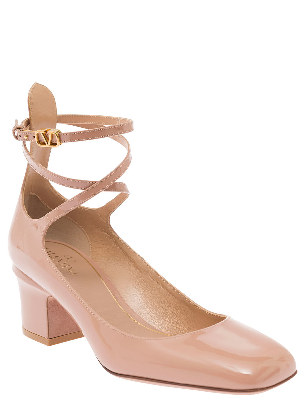 Shop Valentino Tan-go Bege Dècolletè With V-logo Buckle In Patent Leather Woman In Pink