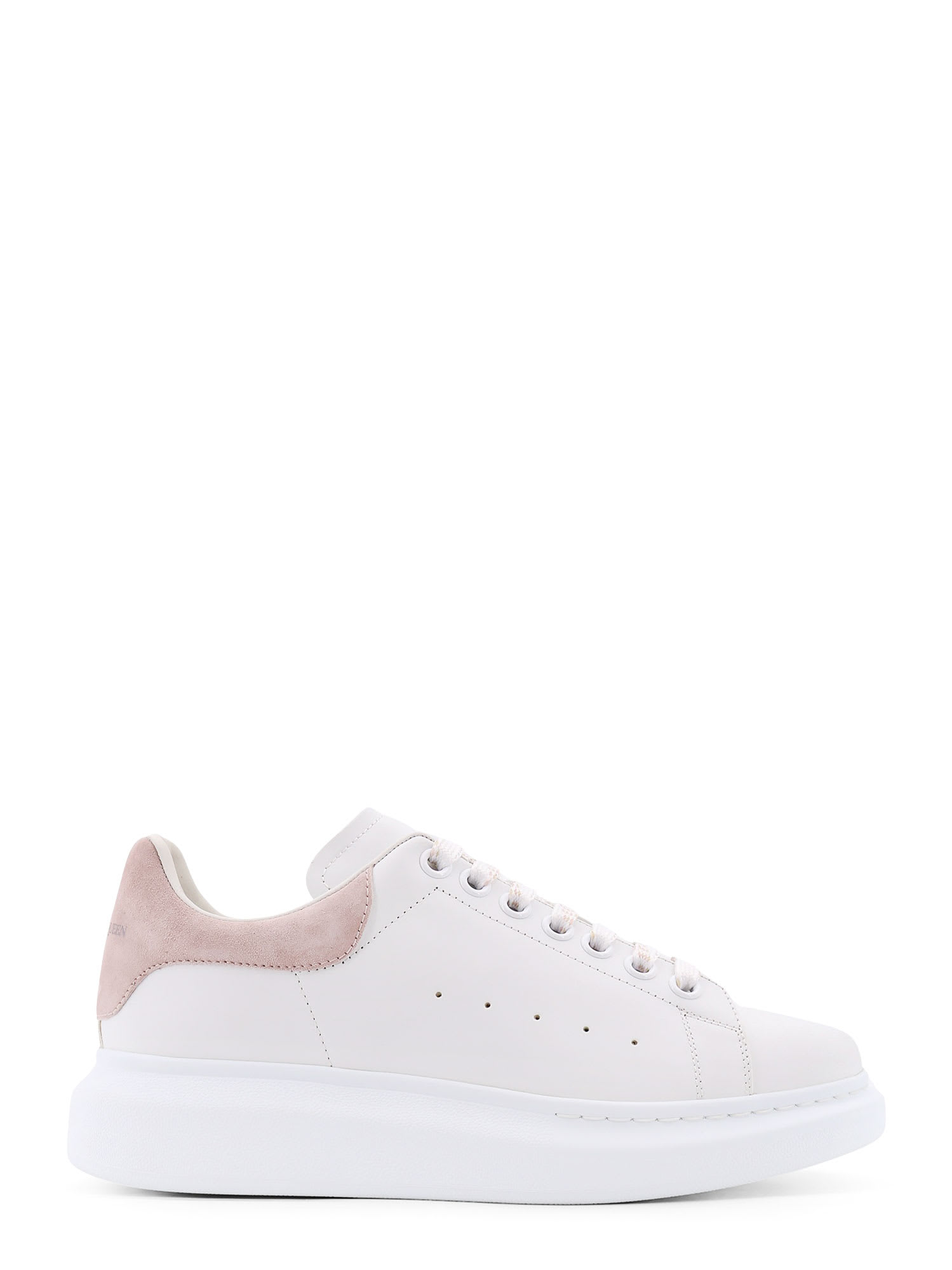 White Leather Sneakers With Pink Suede Heel