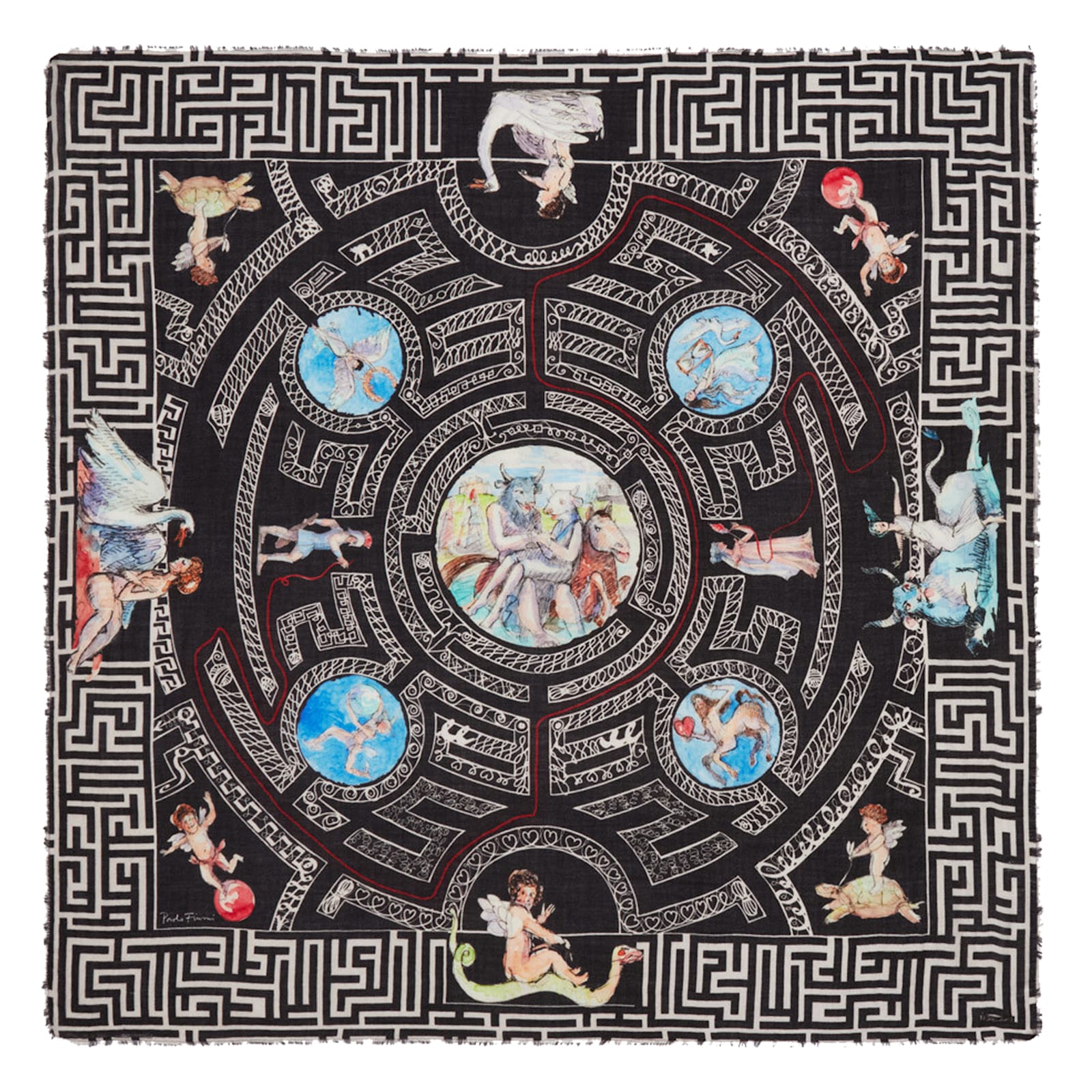Faliero Sarti Square Scarf With Intricate Print And Frayed Edges In Multi