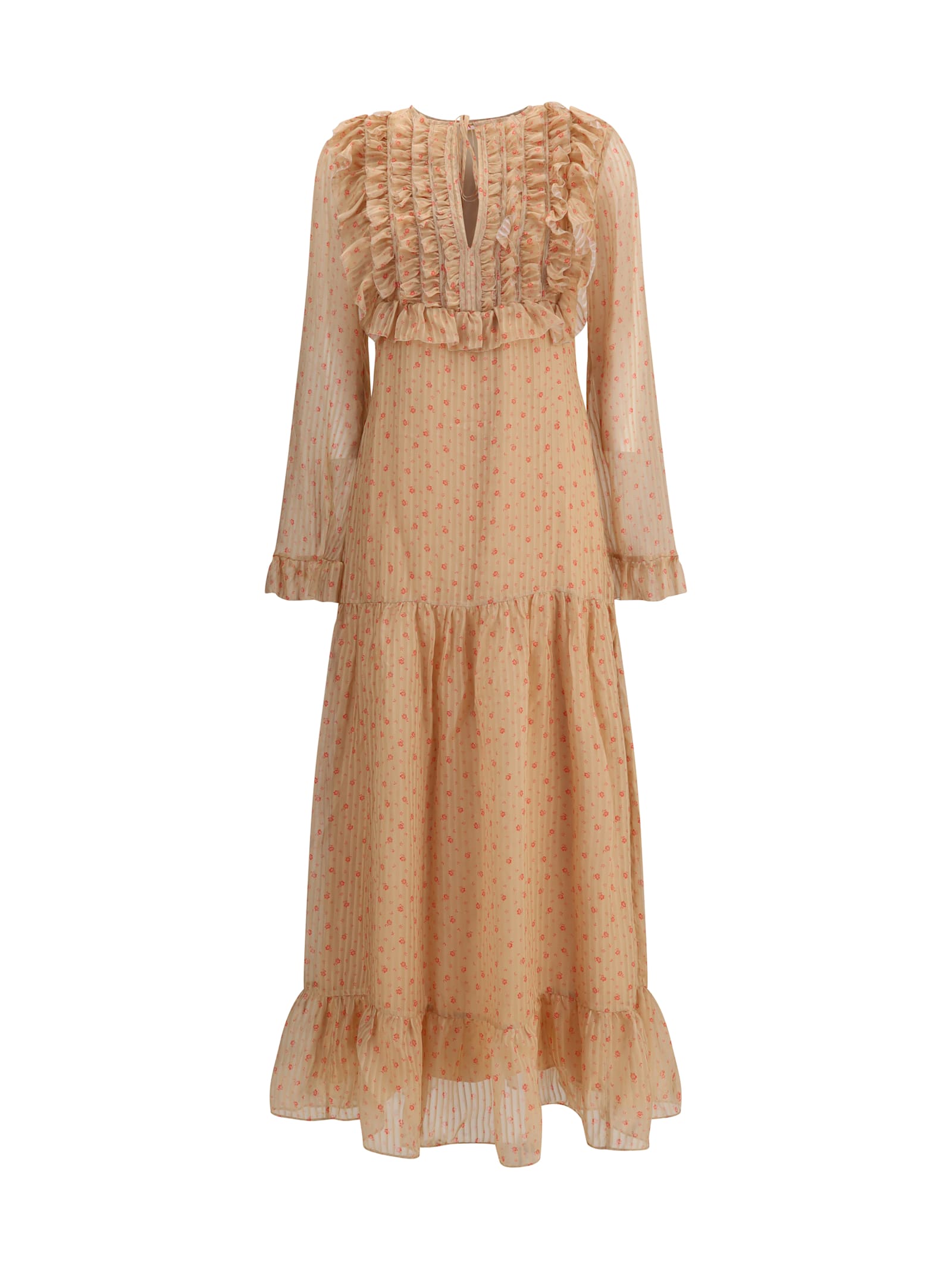 Silk Long Dress With Rouches