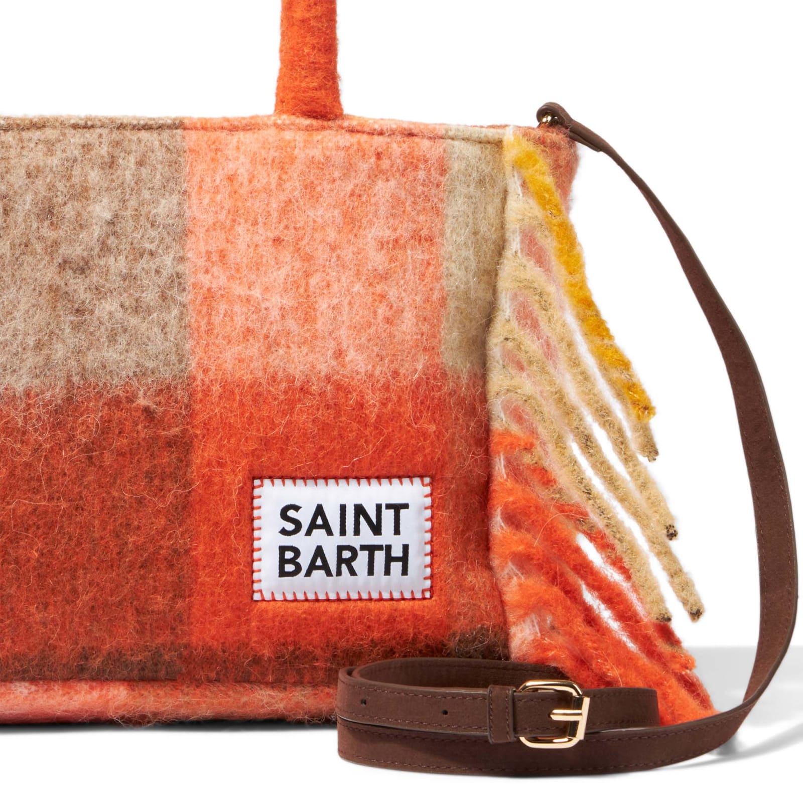 Shop Mc2 Saint Barth Colette Handbag With Multicolor Check And Fringes In Brown