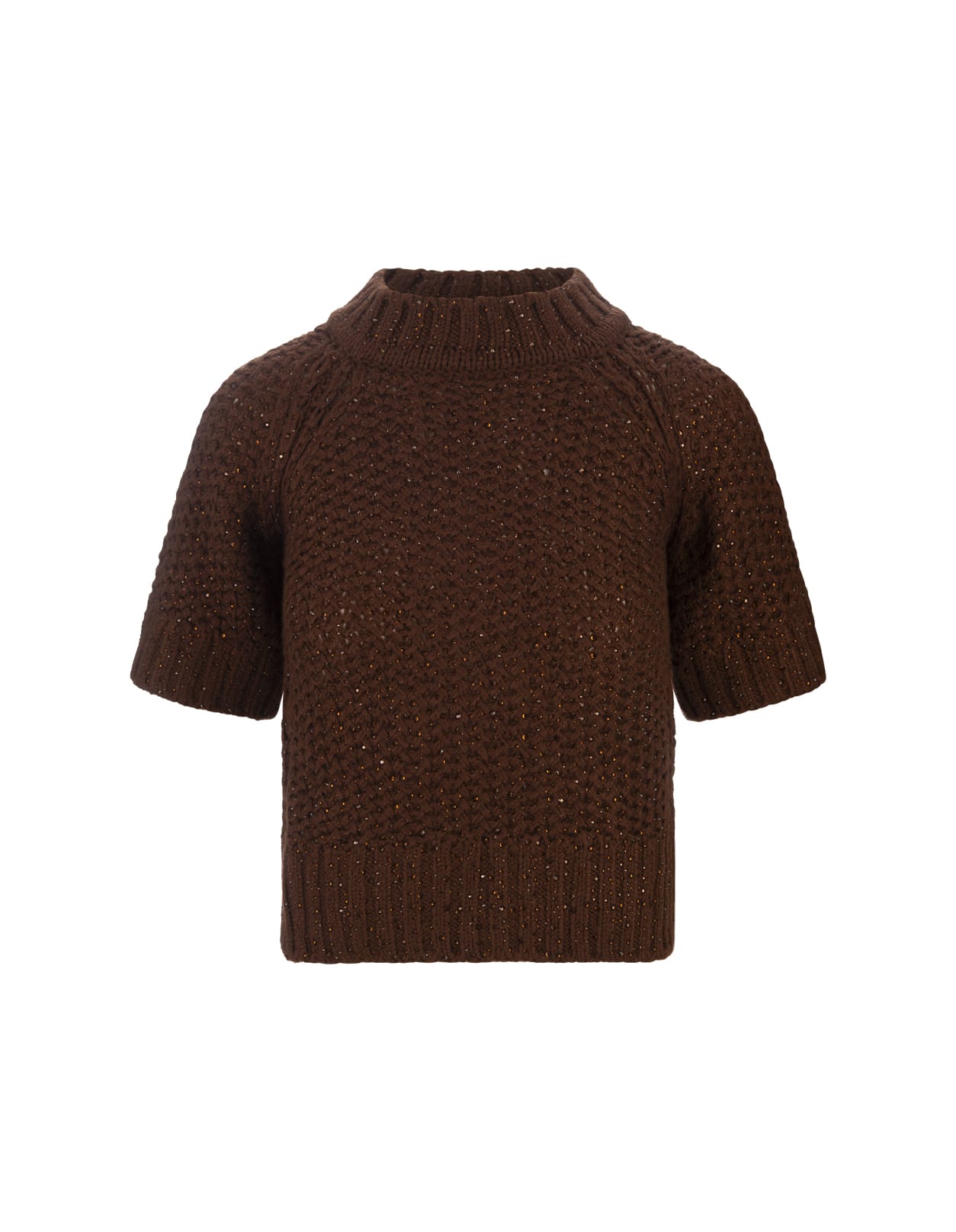 Shop Ermanno Scervino Brown Crop Short Sleeve Sweater With Crystals