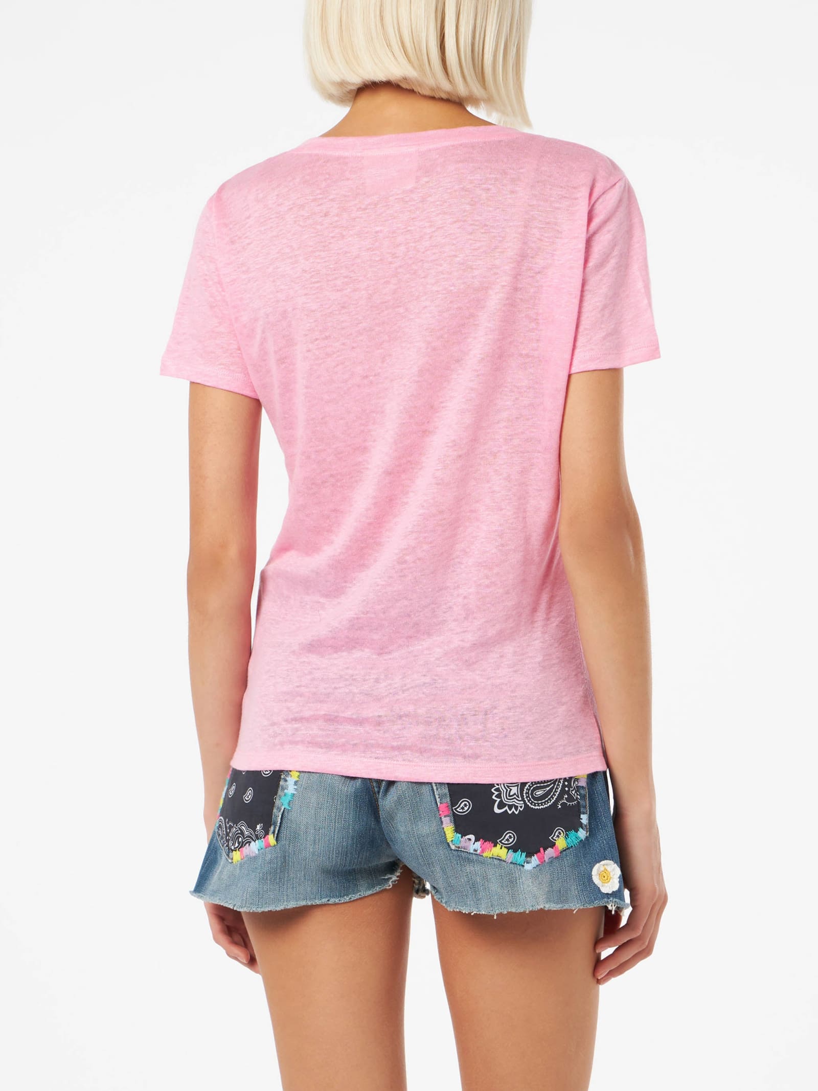 Mc2 Saint Barth Linen Jersey Pink V-neck T-shirt Eloise In Pink