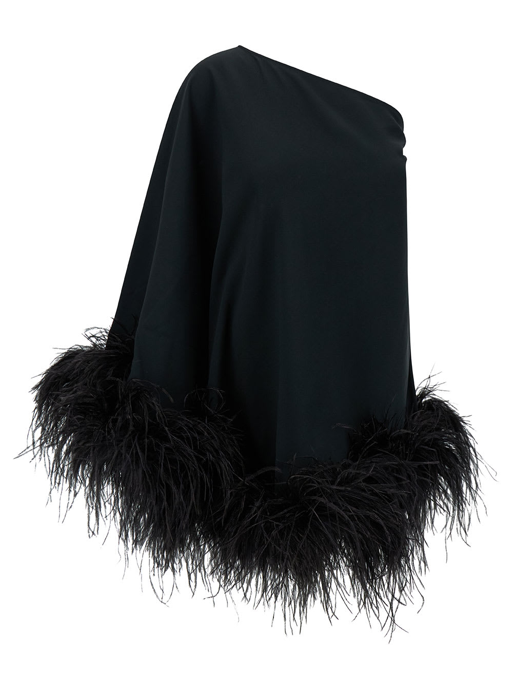 Shop Taller Marmo Ubud Mini Black One-shoulder Dress With Feather Trim In Acetate Blend Woman