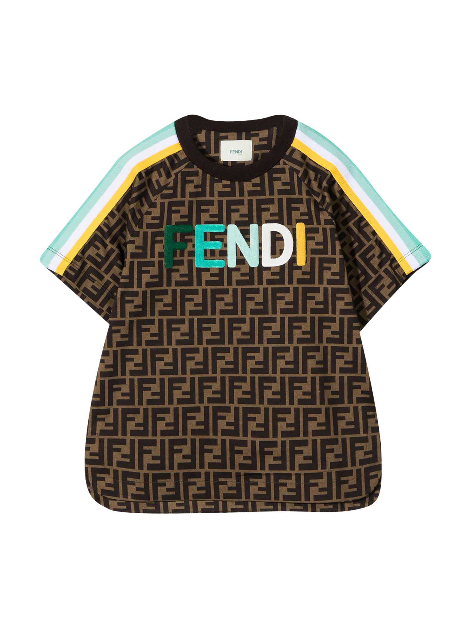 FENDI T-SHIRT WITH LOGOED TEXTURE AND MULTICOLOR APPLICATIONS,JUI015ACZS F1DEP