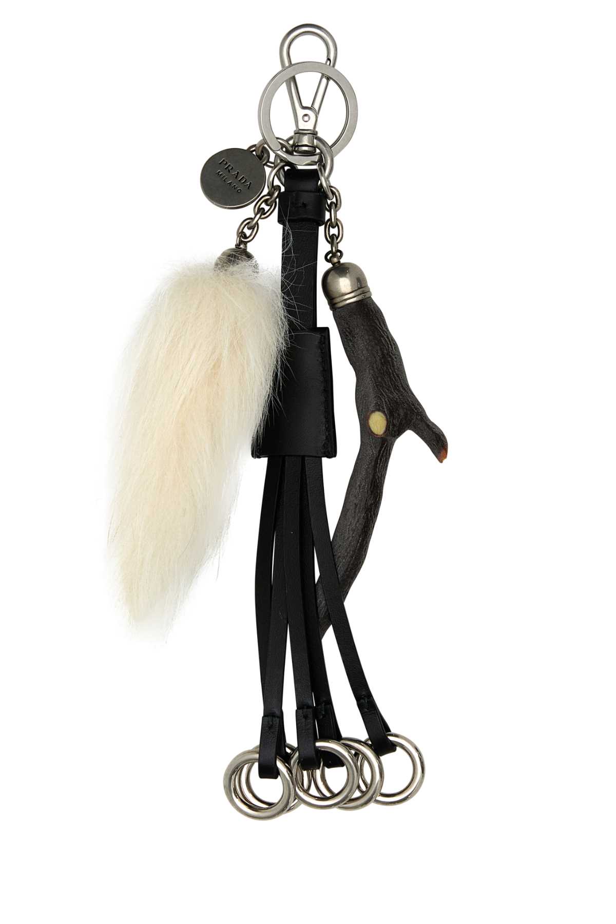 Prada Black Leather Key Ring In Bianco