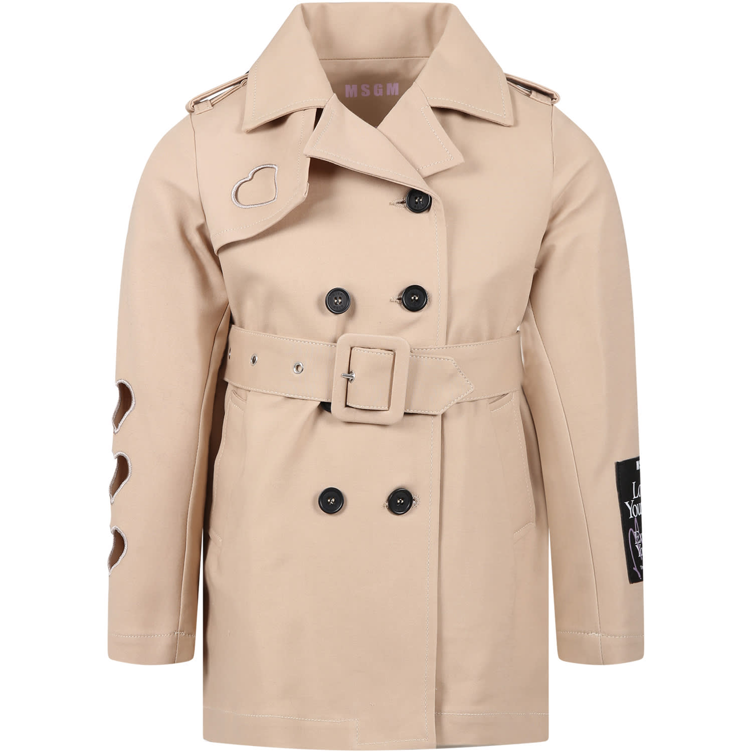 Msgm Kids' Beige Coat For Girl With Hearts And Logo