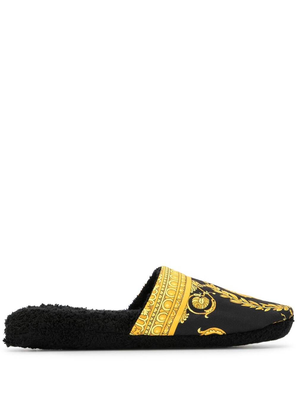 Versace Black And Gold House Slippers In Cotton And Terry With Baroque Print