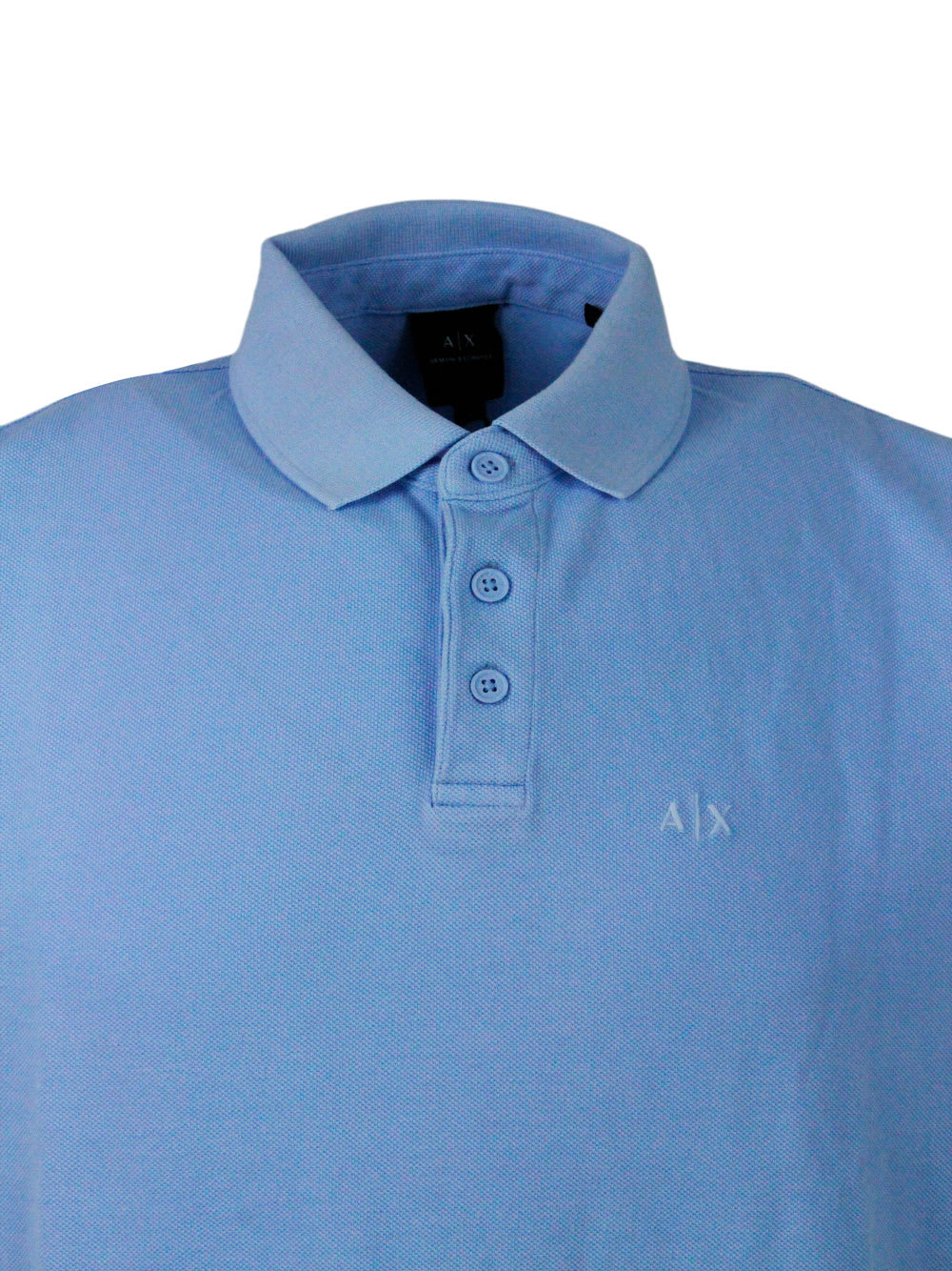 Shop Armani Collezioni 3-button Short-sleeved Pique Cotton Polo Shirt With Logo Embroidered On The Chest In Light Blu