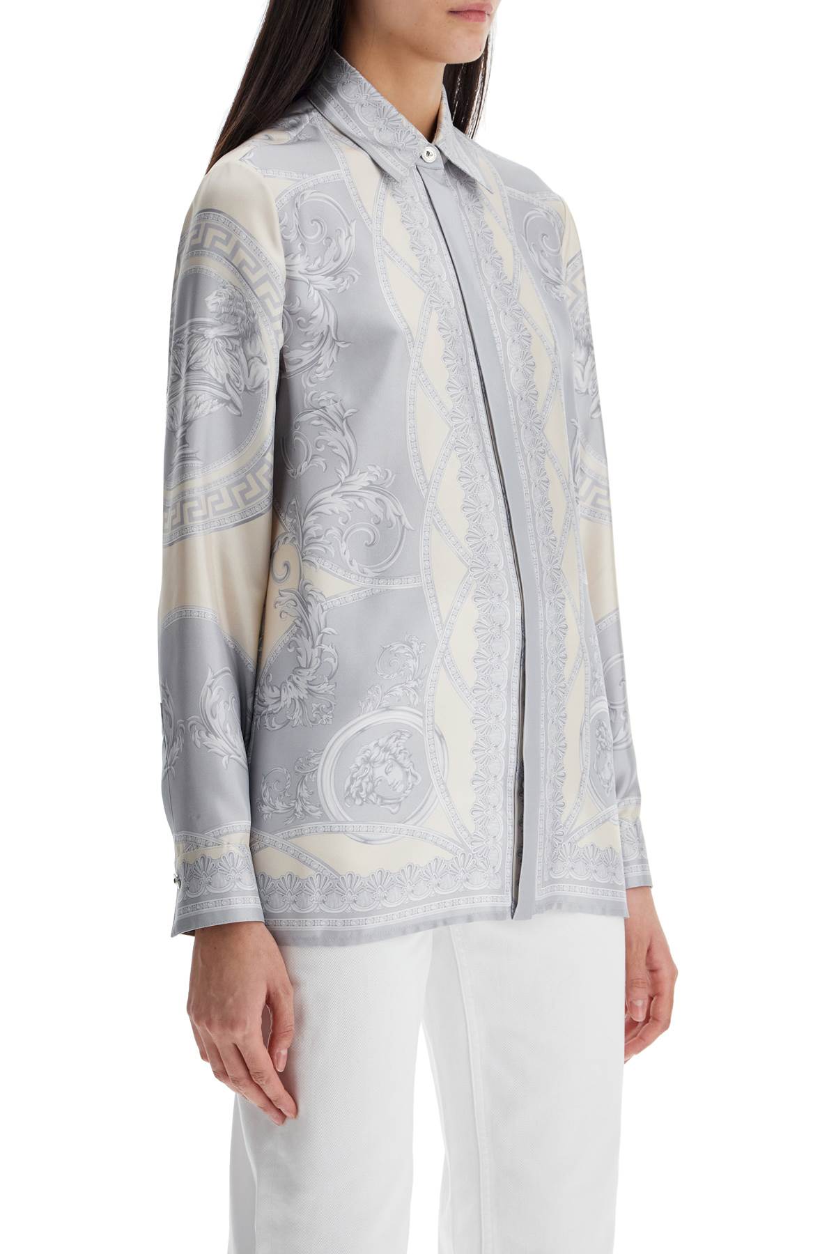 Shop Versace Silk Shirt The Cut Of The Gods In Silver Grey+champagne