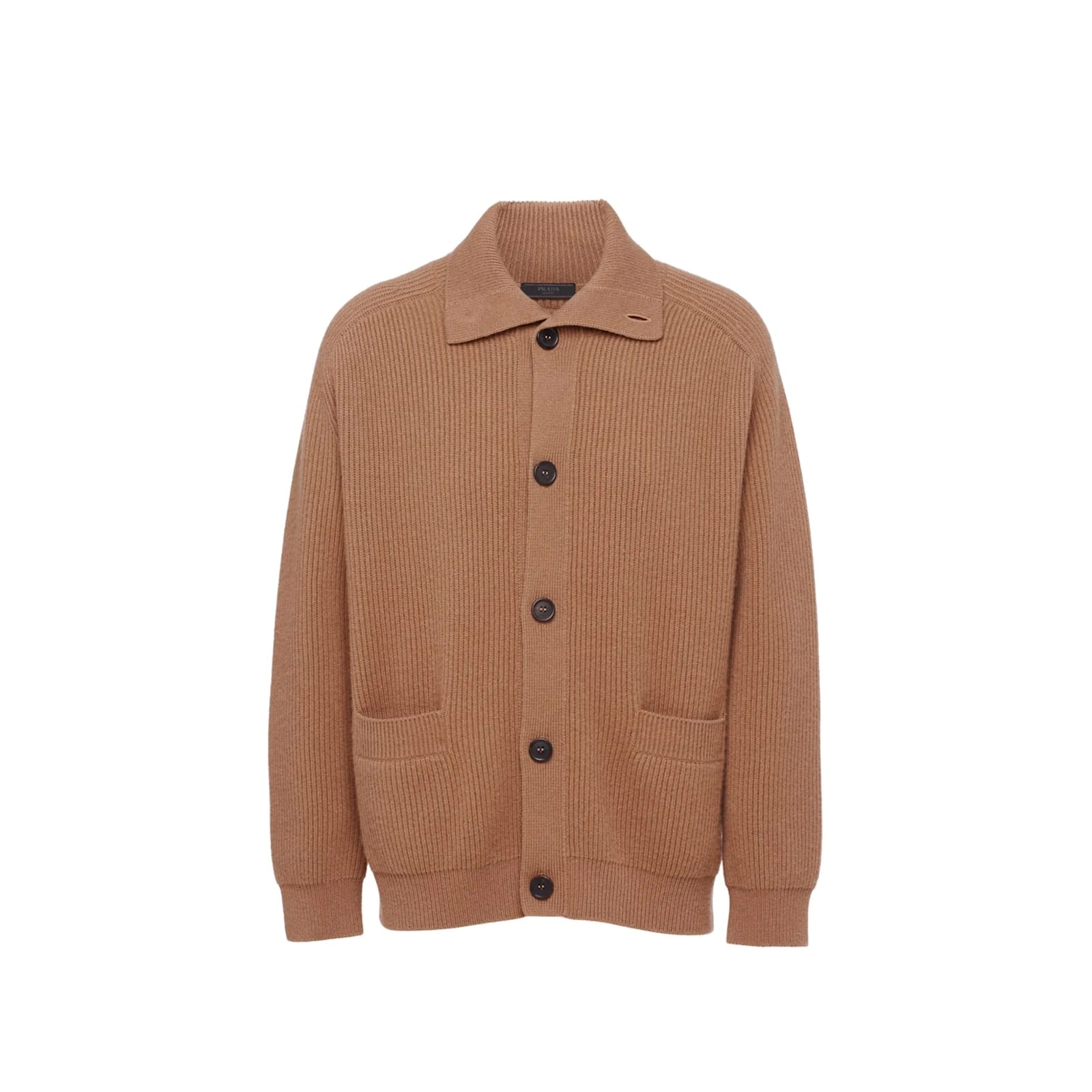Prada Cashmere Ribbed Texture Cardigan With Patch Pockets In Brown