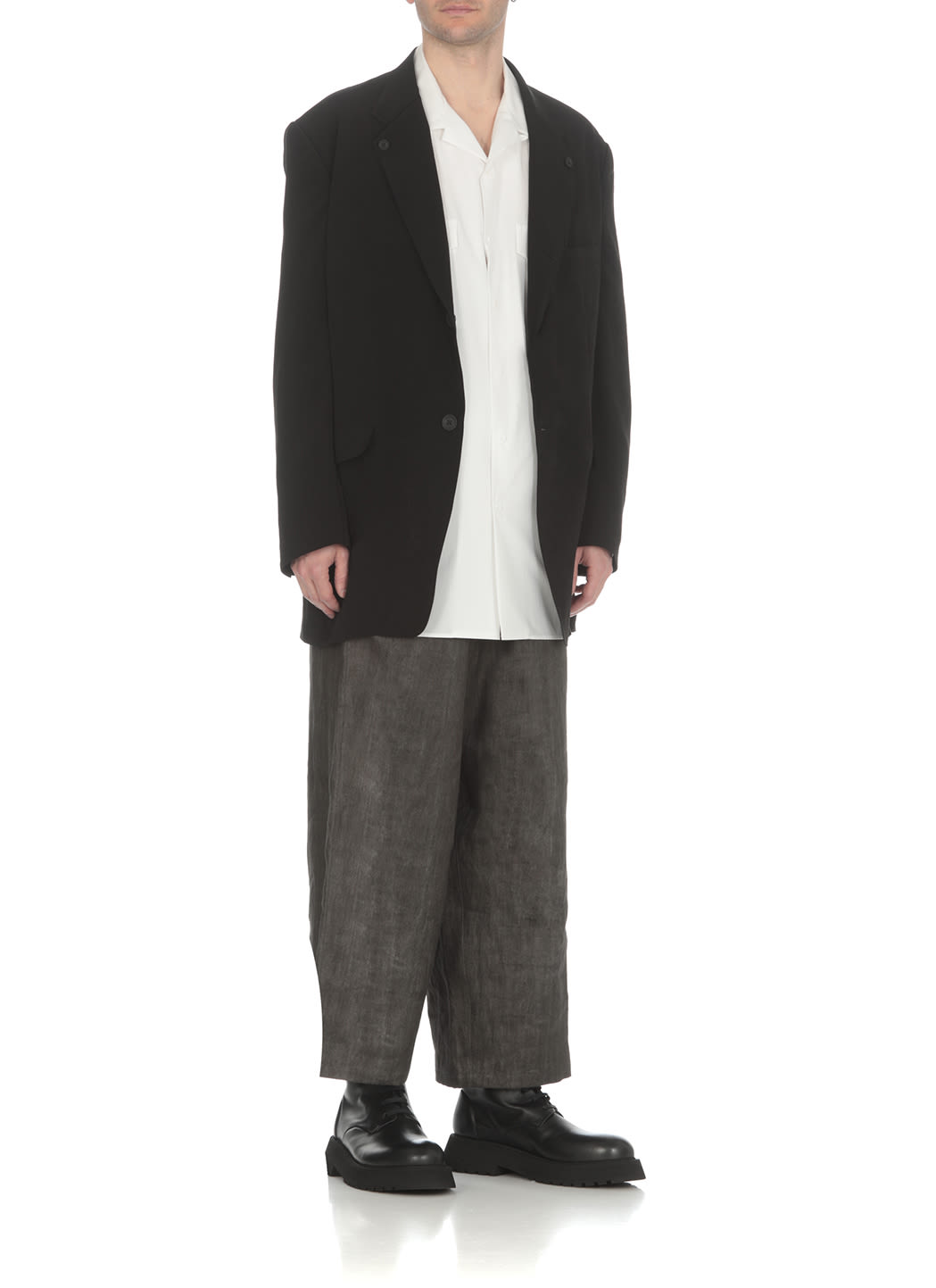 Shop Yohji Yamamoto Oversized Linen Trousers In Grey