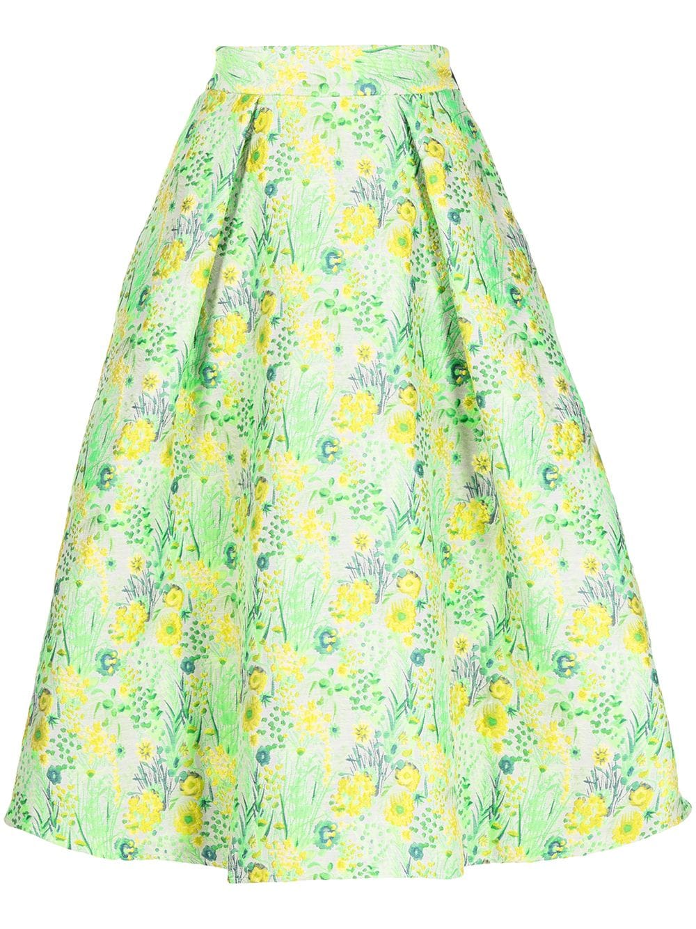 MSGM Flared Midi Skirt With Green And Yellow Jacquard Floral Embroidery