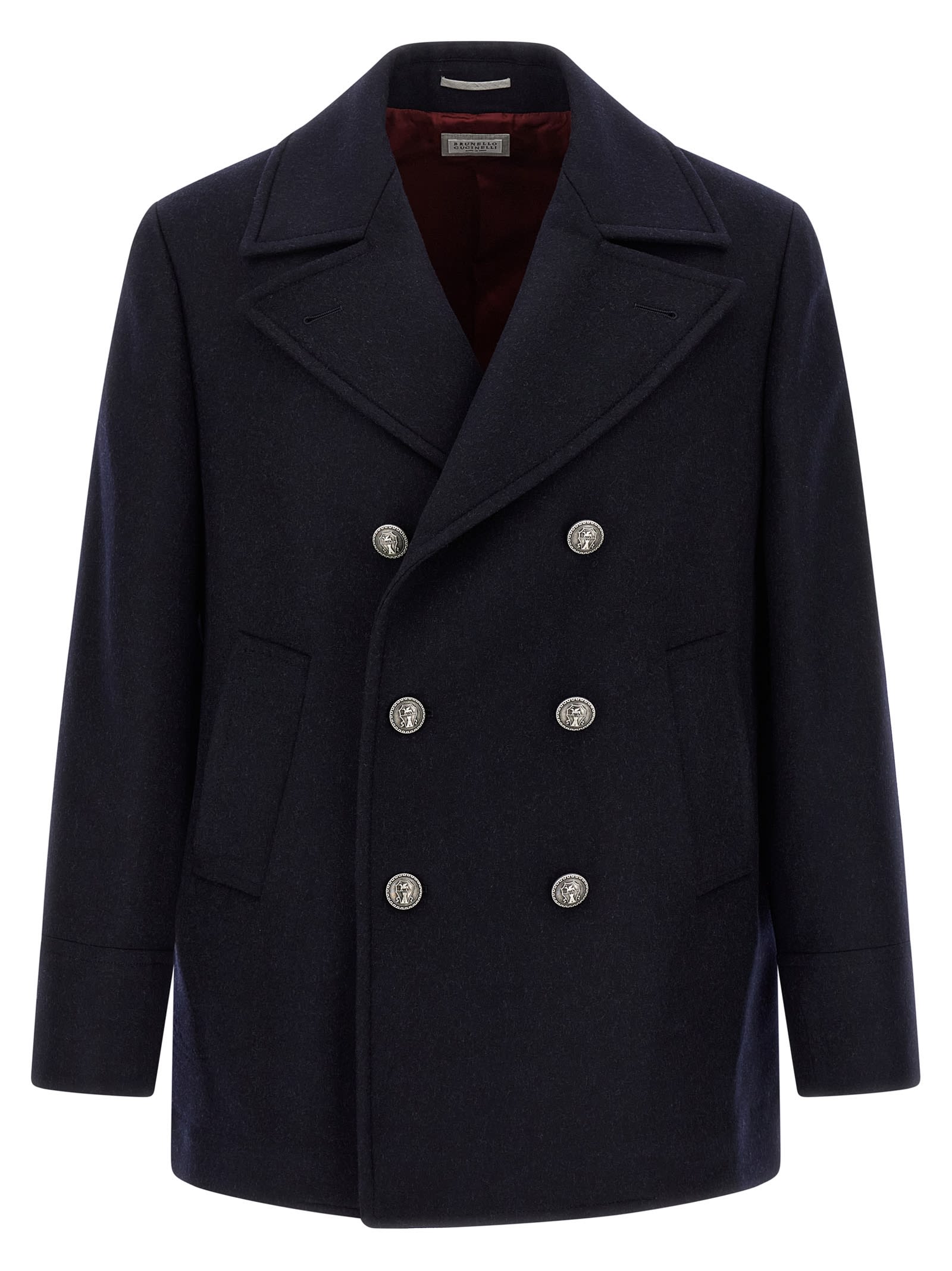 Brunello Cucinelli Navy Blue Double Flannel Caban Blazer In Black