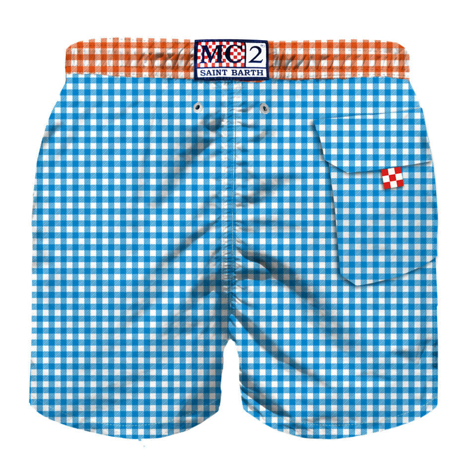 Shop Mc2 Saint Barth Boy Swim Shorts With Gingham Print In Blue