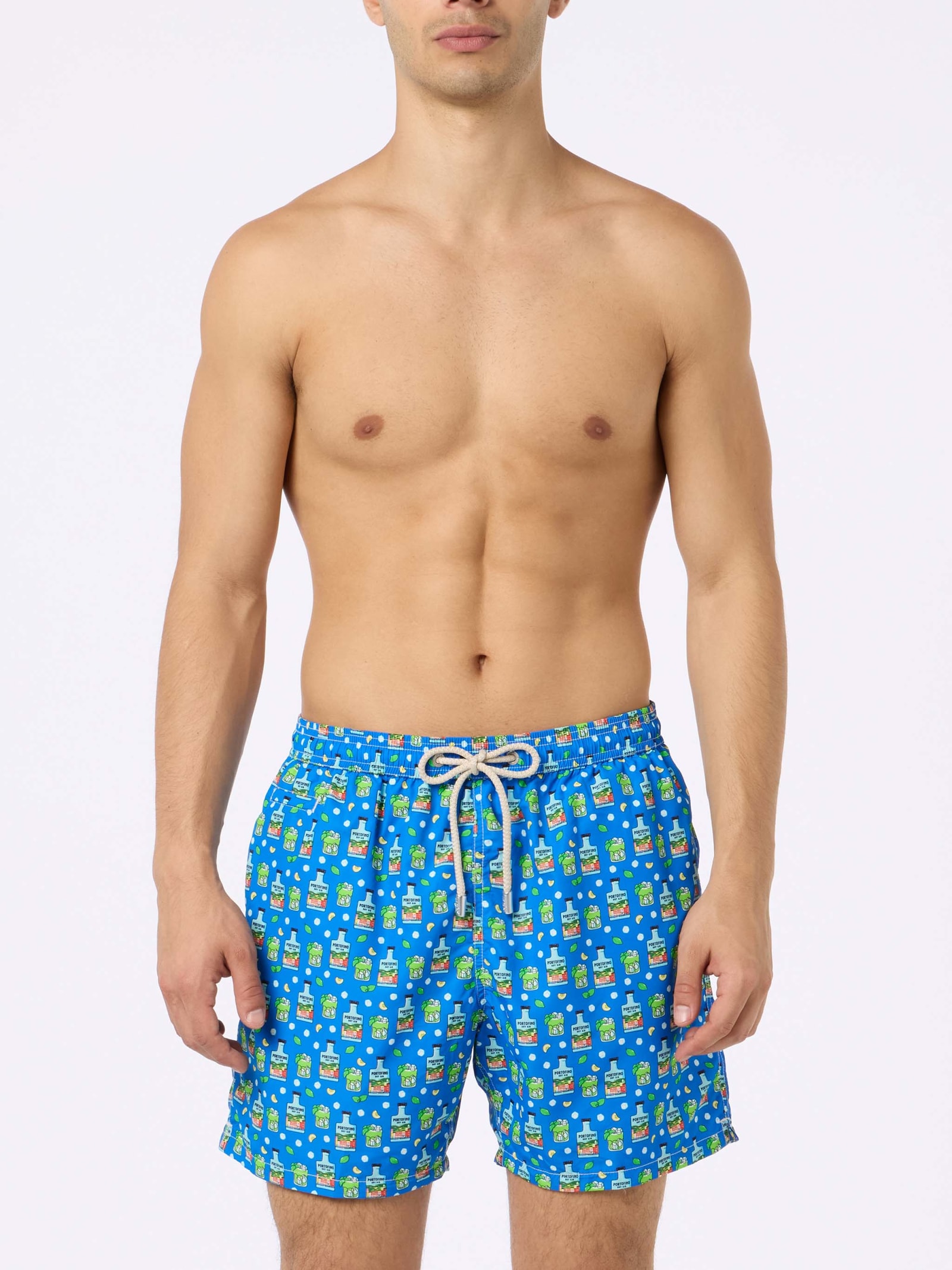 Mc2 Saint Barth Man Lightweight Fabric Swim-shorts Lighting Micro Fantasy With Paloma Portofino Gin Print Portofino In Sky