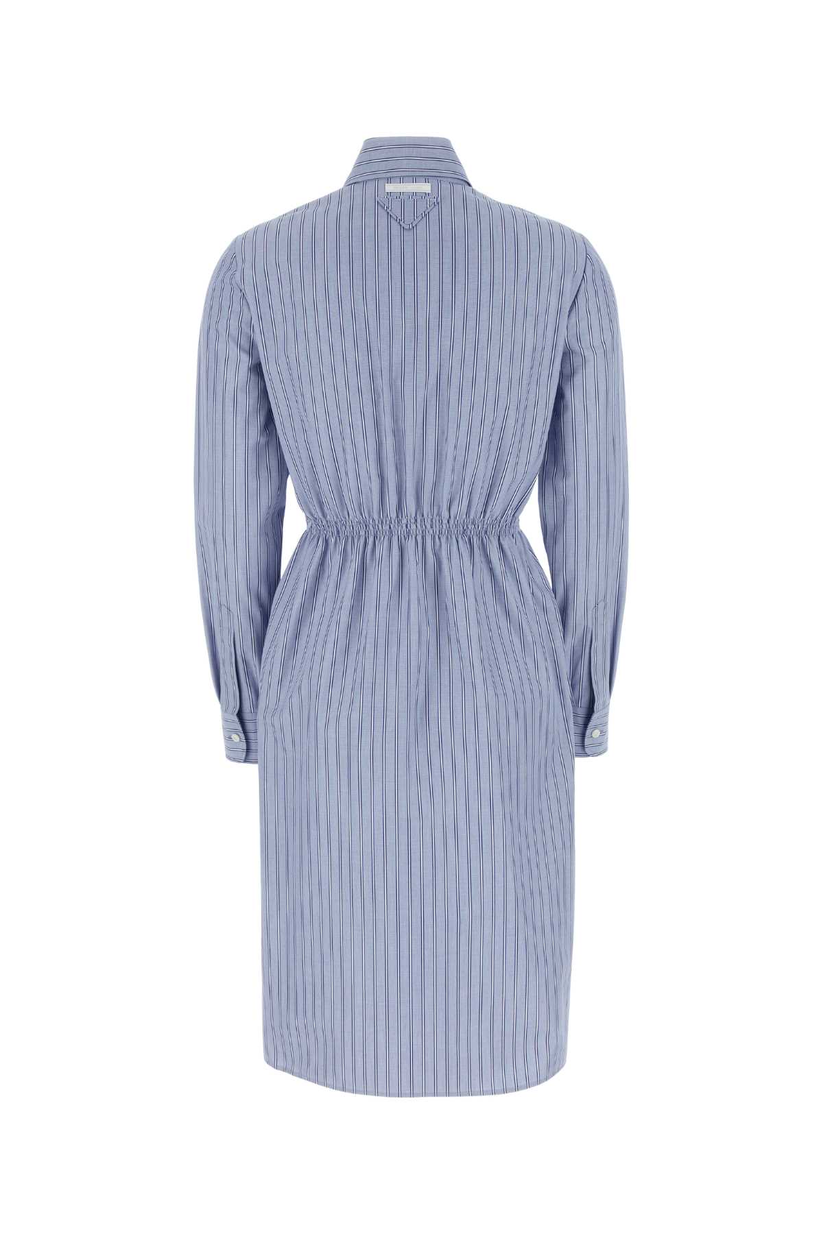 Shop Prada Embroidered Chambray Shirt Dress In Bleu