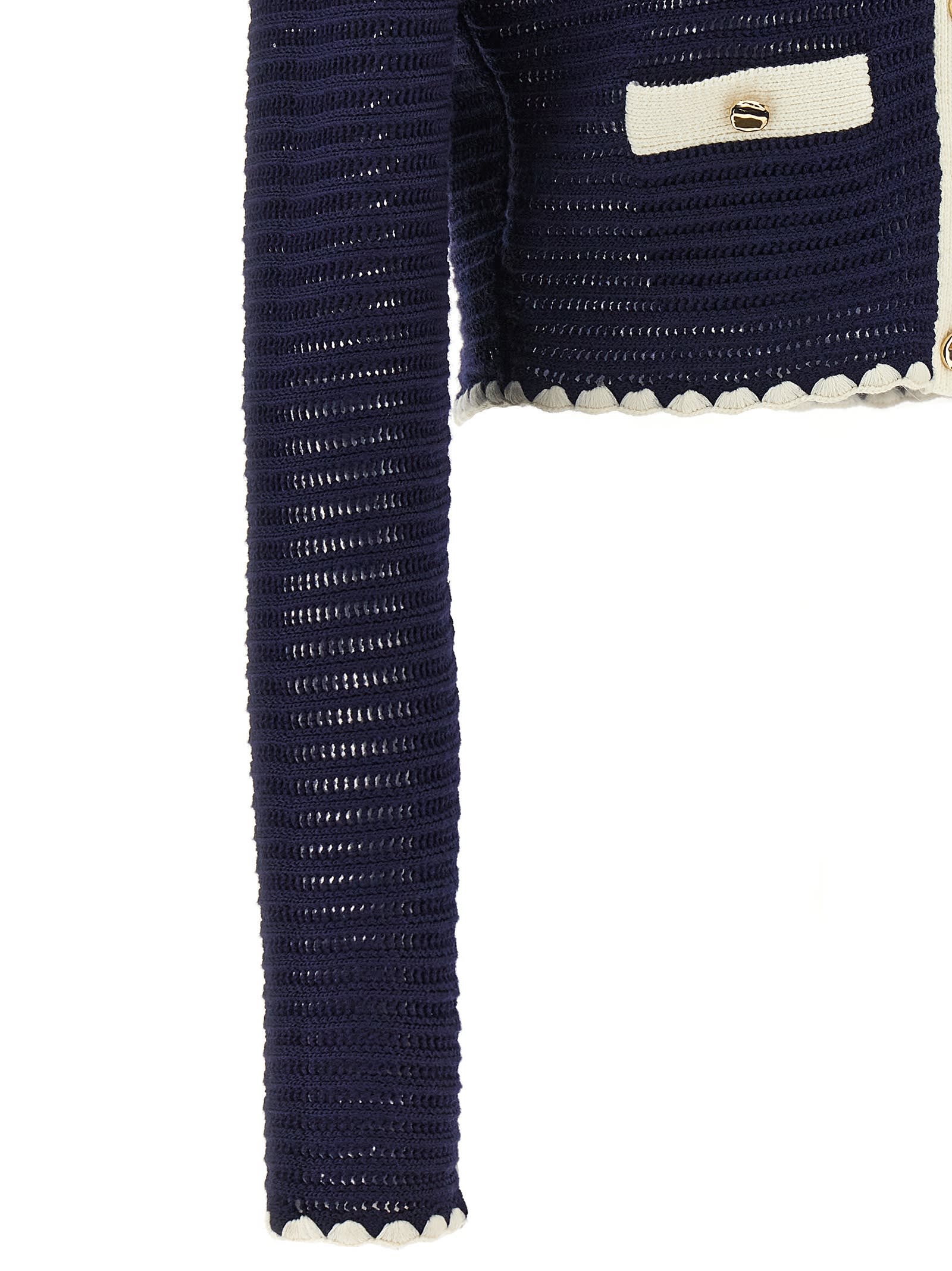 Shop Self-portrait Navy Crochet Contrast Trim Cardigan In Blue