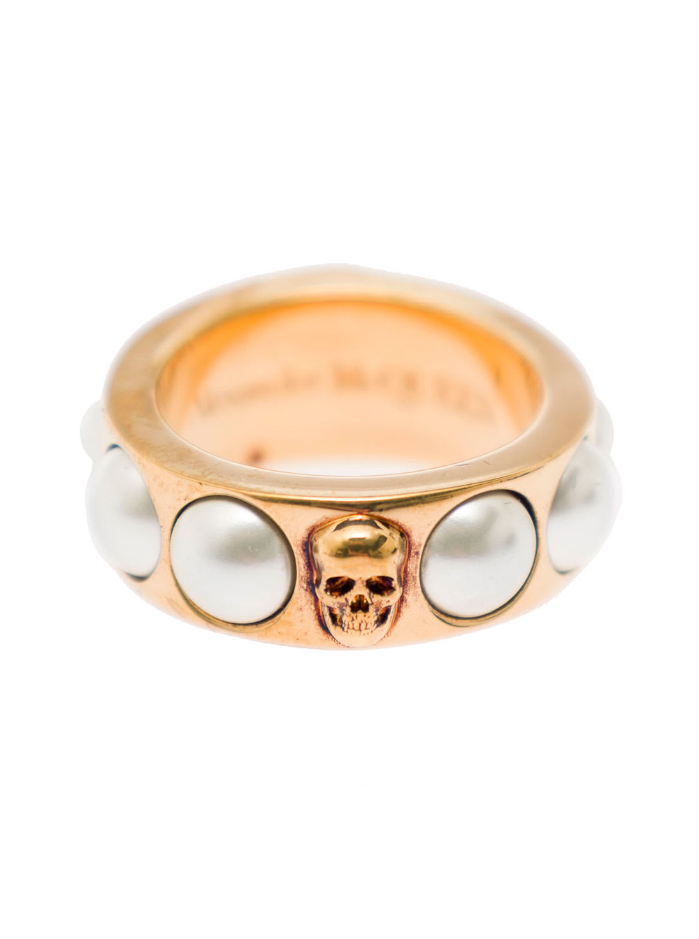Shop Alexander Mcqueen Antique Gold-tone Ring With Skull And Pearl Embellishment In Brass In Metallic