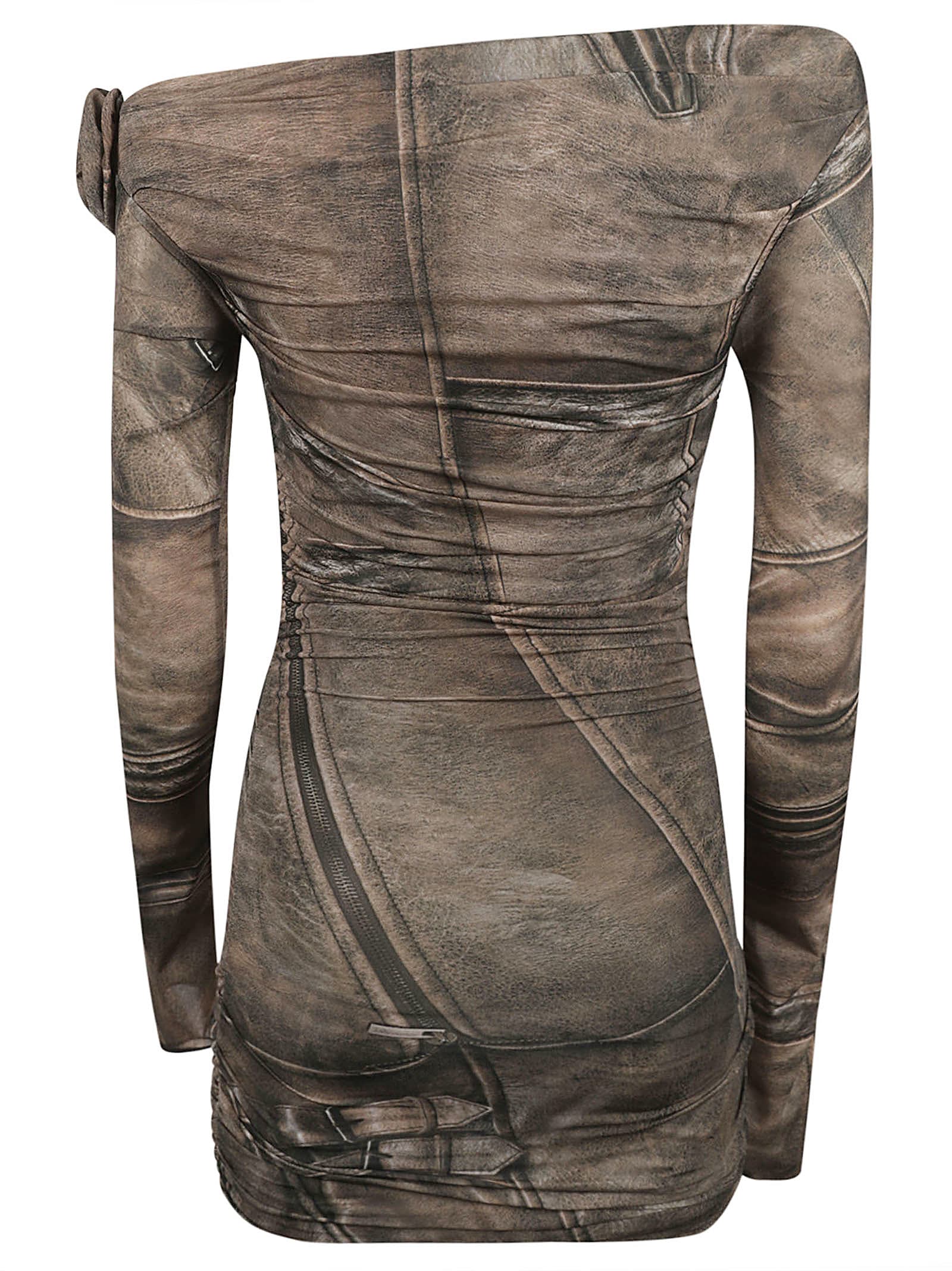 Shop Blumarine Off-shoulder Printed Short Dress In Bronze/green