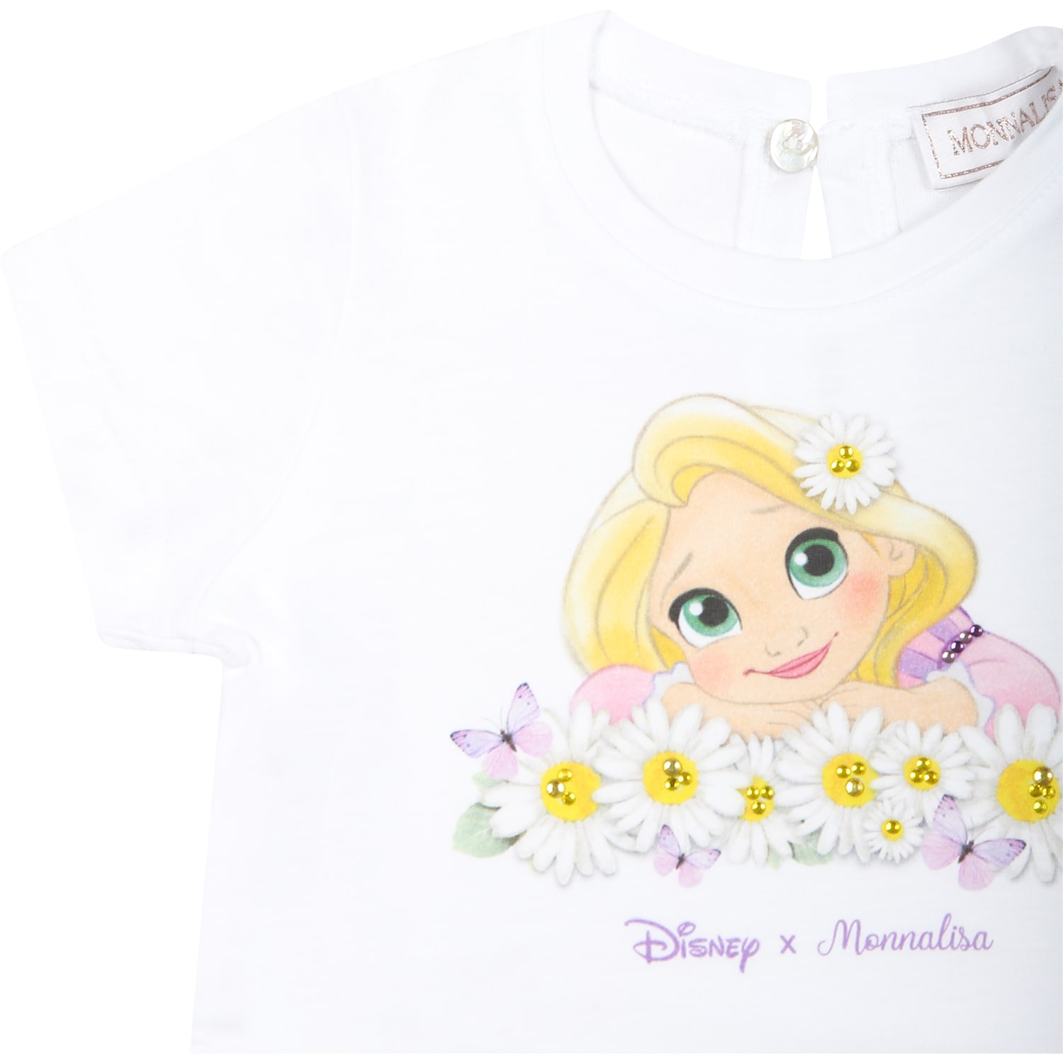 Shop Monnalisa White T-shirt For Baby Girl With Rapunzel Print And Logo