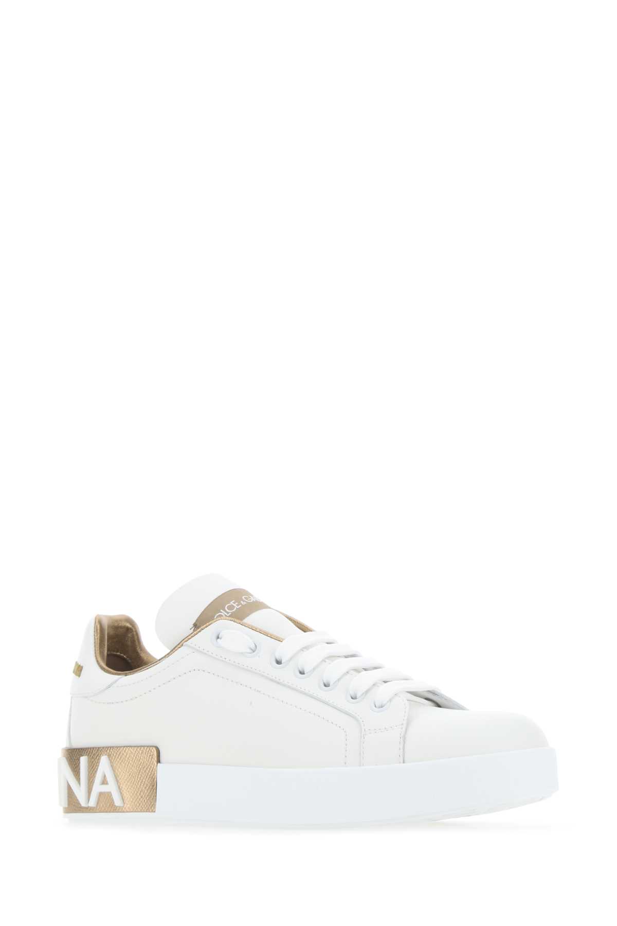 Dolce & Gabbana White Nappa Leather Portofino Sneakers In Oropolvere