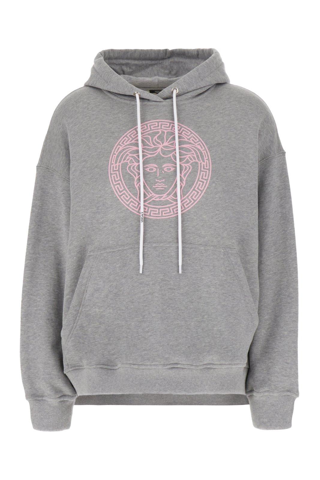 Shop Versace Medusa Motif Drawstring Hoodie In Gray Melange Pale Pink (grey)