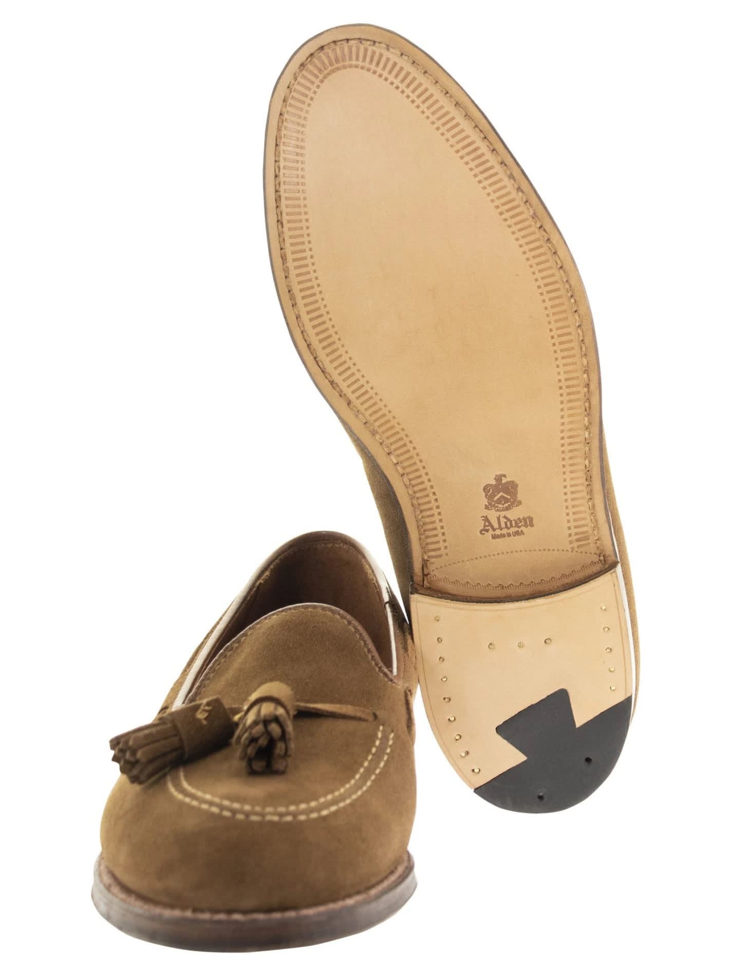 Alden Shoe Company Alden Tassel Loafer In Suede With Leather Sole In Snuff Suede