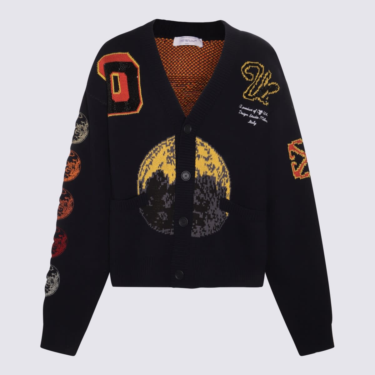 Shop Off-white Black And Multicolour Wool And Cotton Blend Moon Phase Cardigan In Sierra Leone