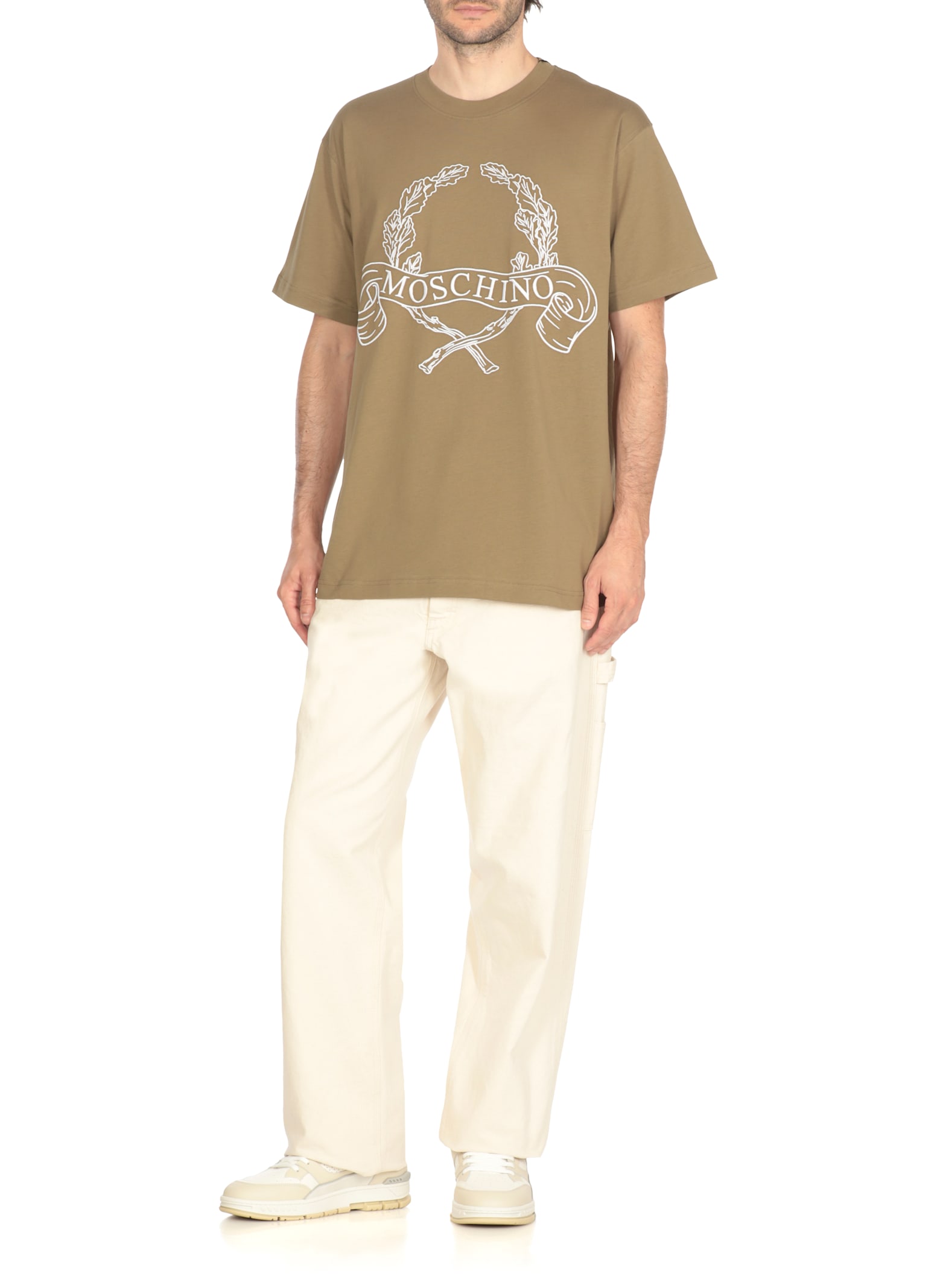 Moschino Cotton T-shirt With Contrasting Embroidered Logo In Green