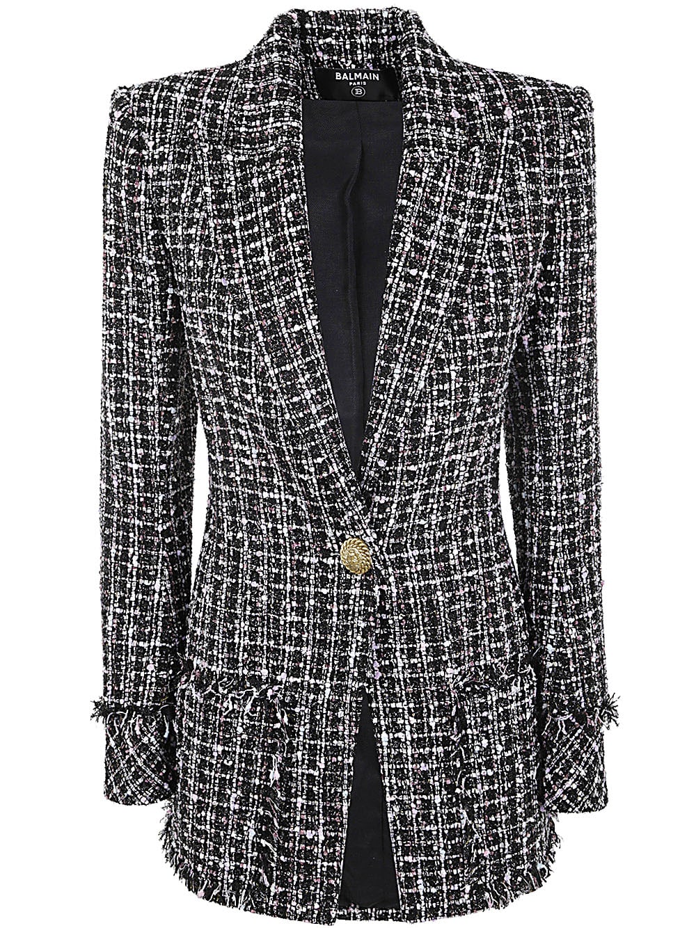 Shop Balmain One Button Tweed Fitted Jacket In Eah Noir Multico