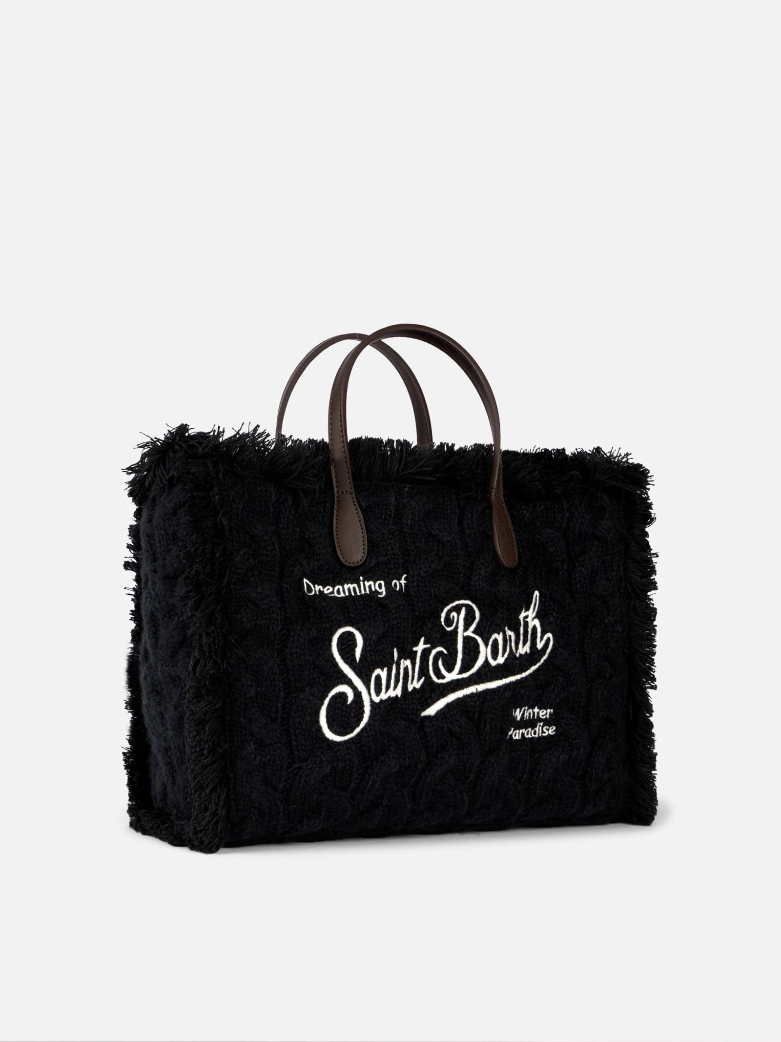 Mc2 Saint Barth Braid Tricot Black Colette Handbag With Fringes In Black