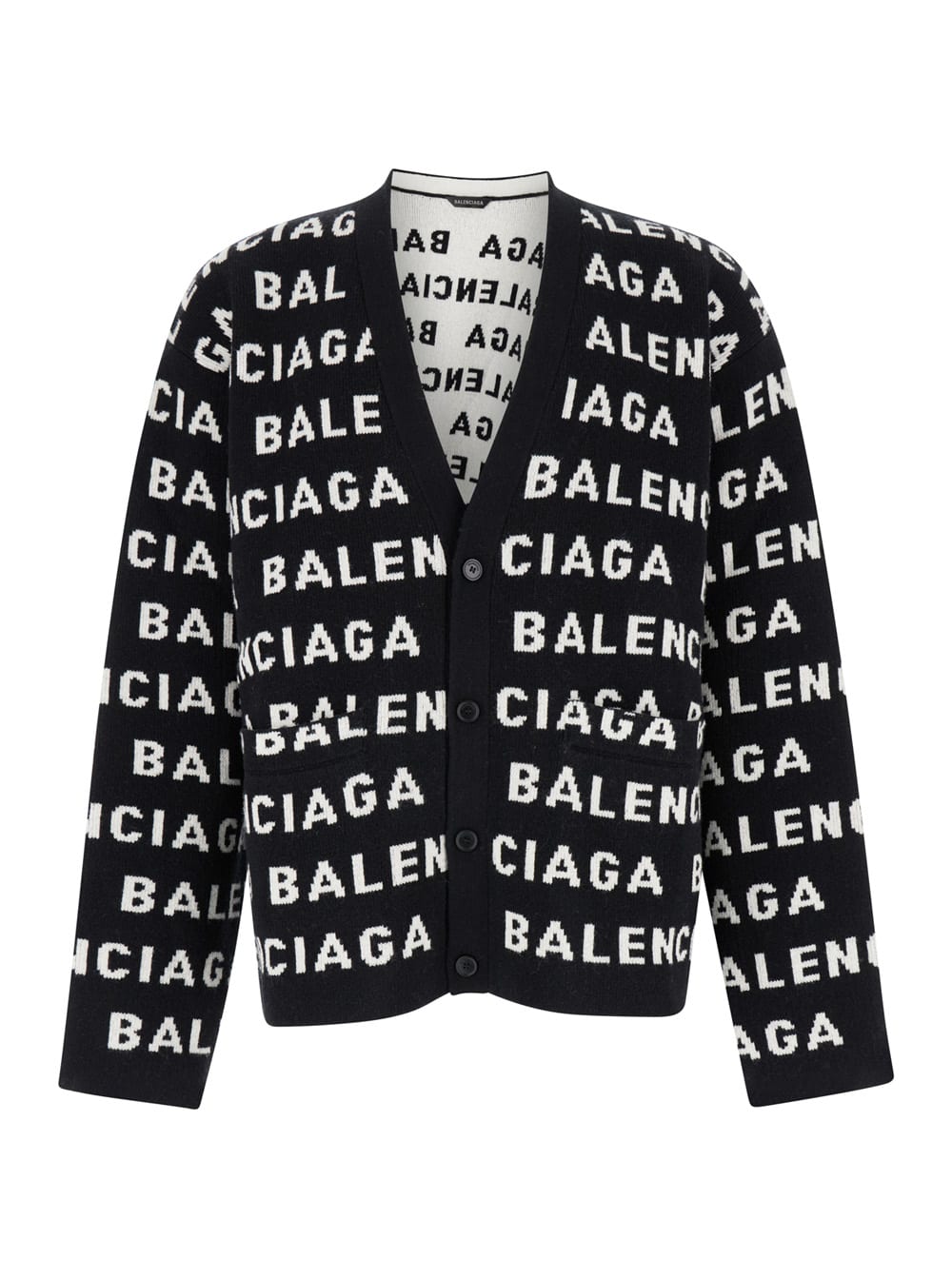 Shop Balenciaga Black And White Cardigan With Logo In Wool Man