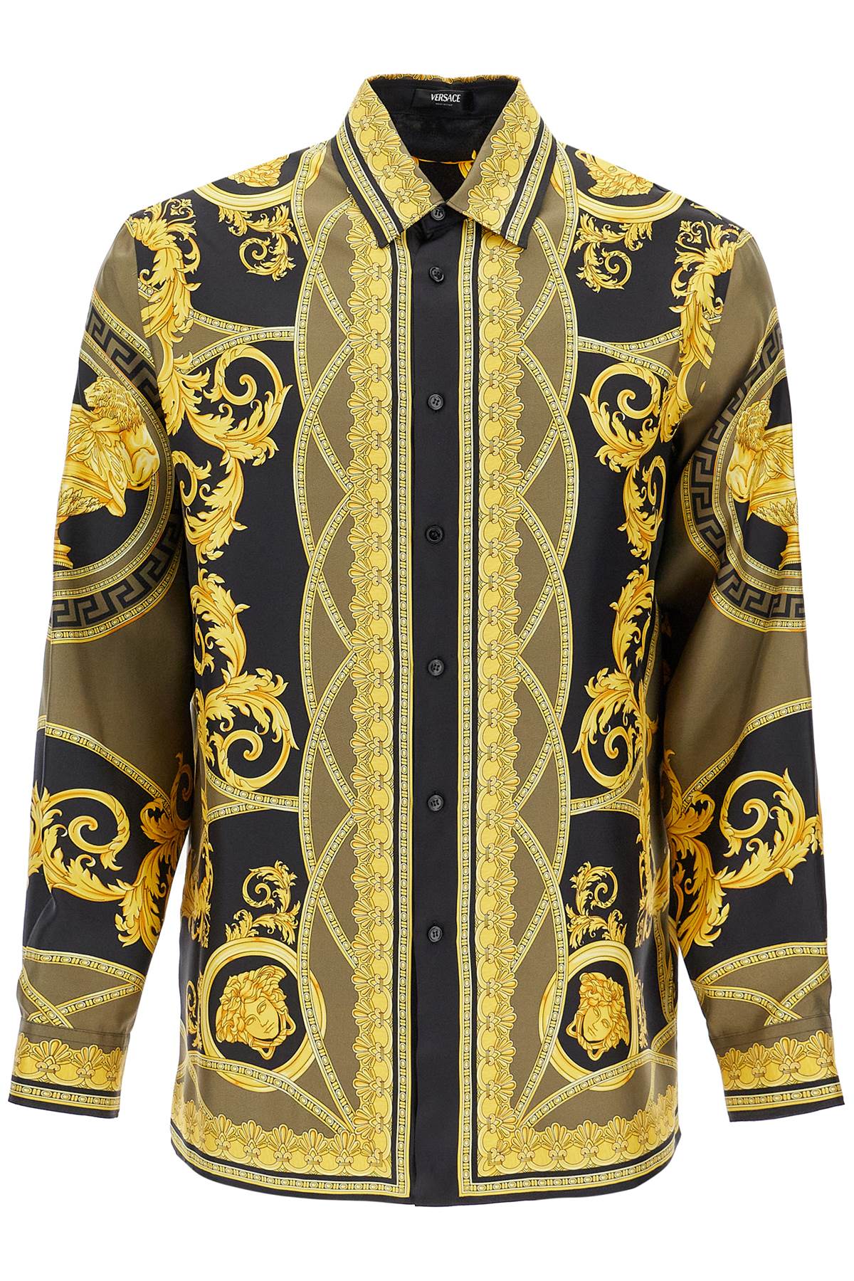 Shop Versace Barocco Silk Shirt In Black+dark Olive+gold (yellow)