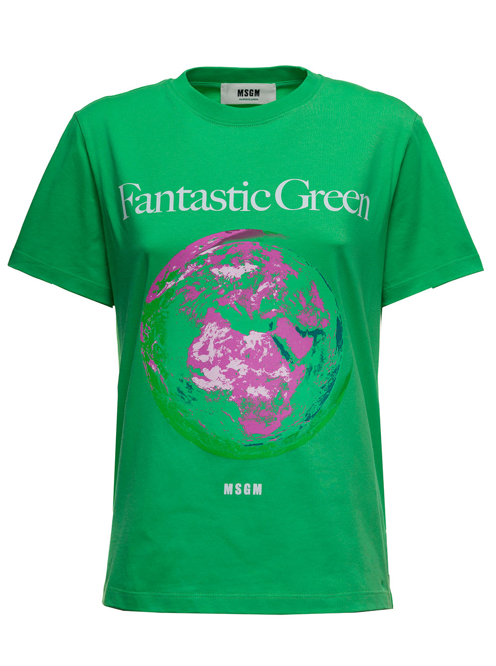 MSGM Green Cotton T-shirt With Earth Print