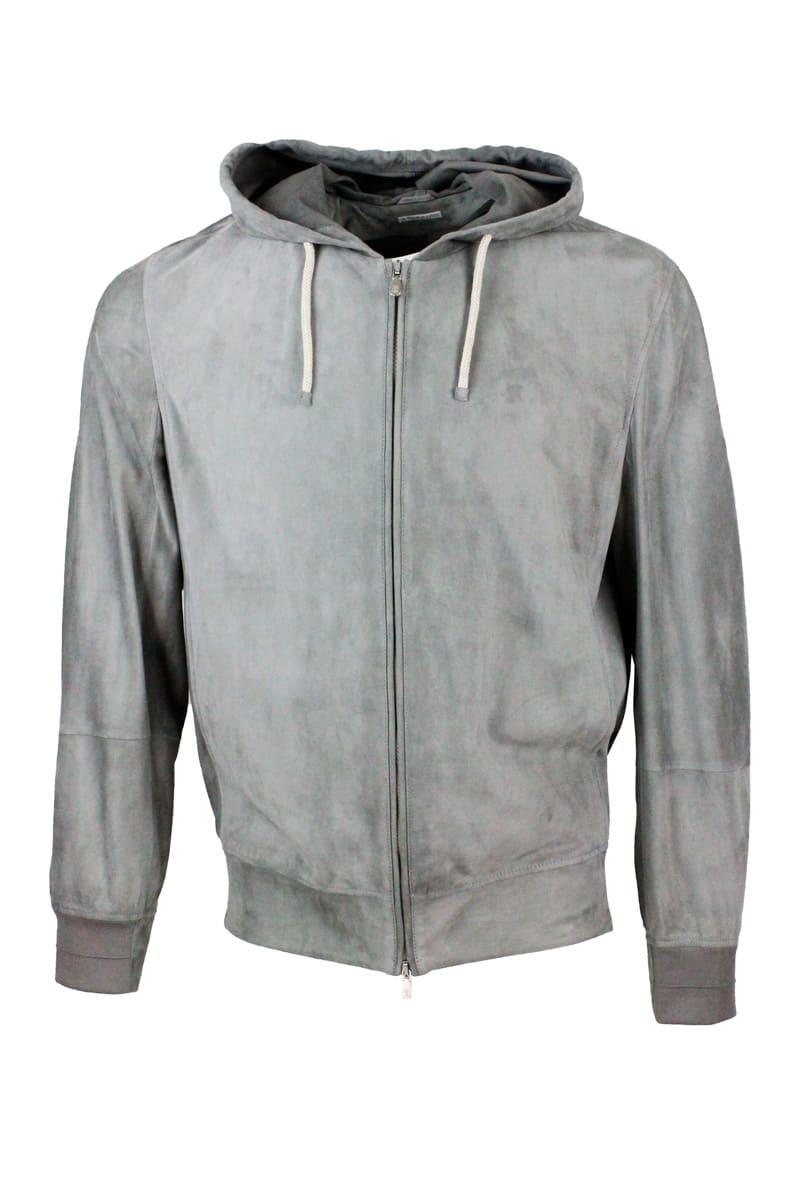Brunello Cucinelli Sweatshirt-Style Jacket In Very Soft Suede Leather With Hood And Zip Closure