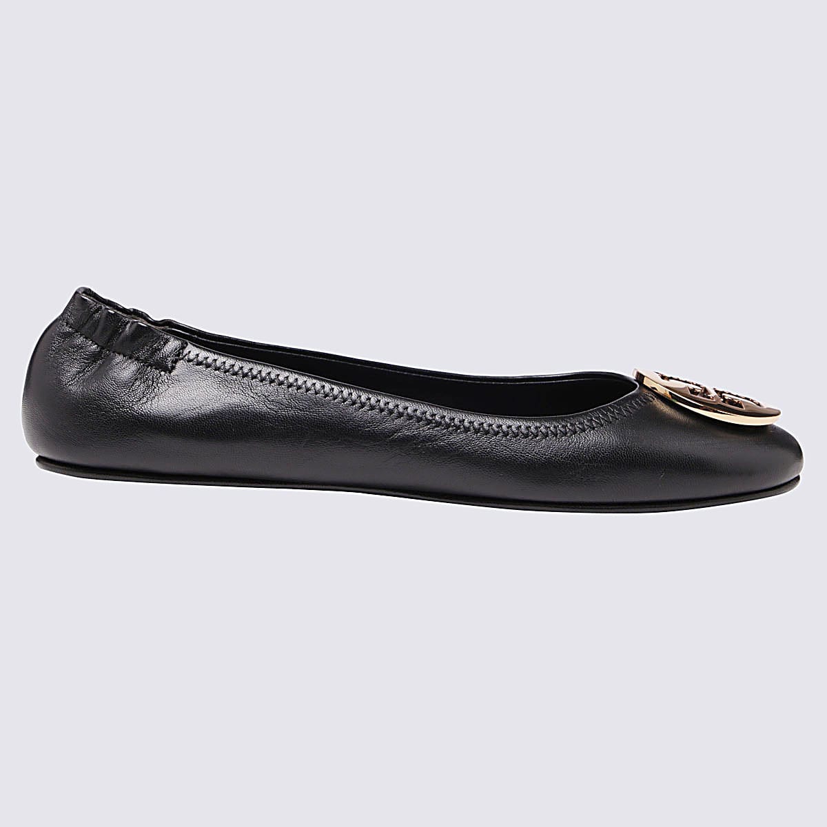Tory Burch Black Leather Minnie Ballerina Shoes In Perfect Black / Gold