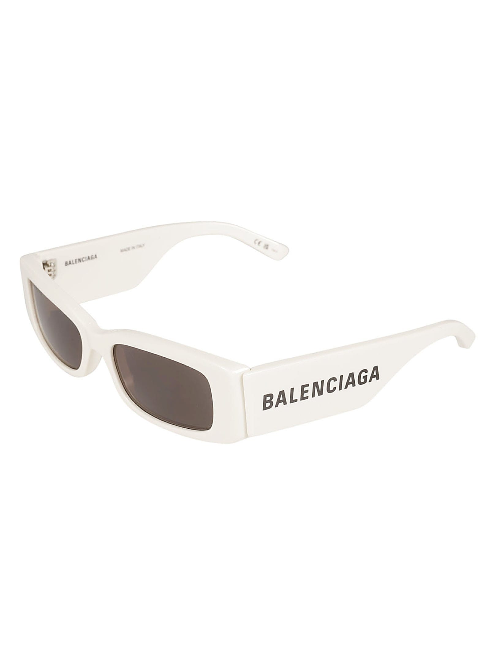 Shop Balenciaga Logo Sided Rectangular Frame Sunglasses In White/grey