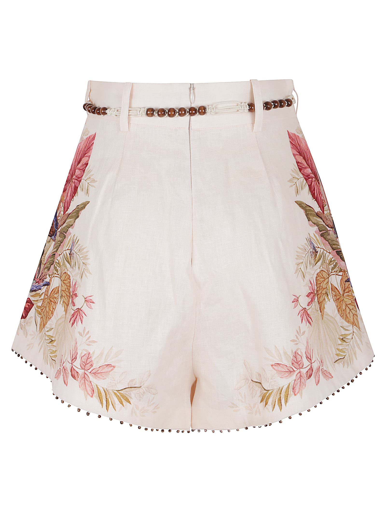 Zimmermann Floral Print Linen Shorts With Removable Waist Strap And Side Pockets In Neutral